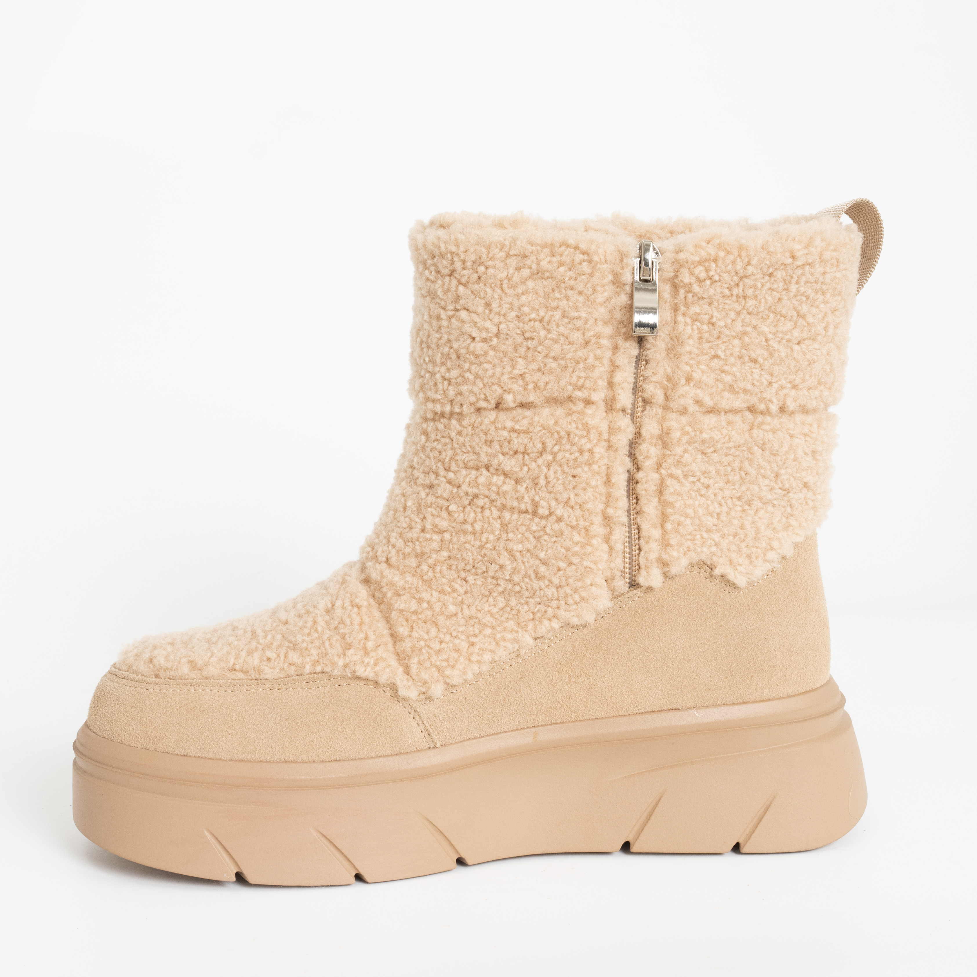 women snow boots with beige genuine leather and synthetic fur