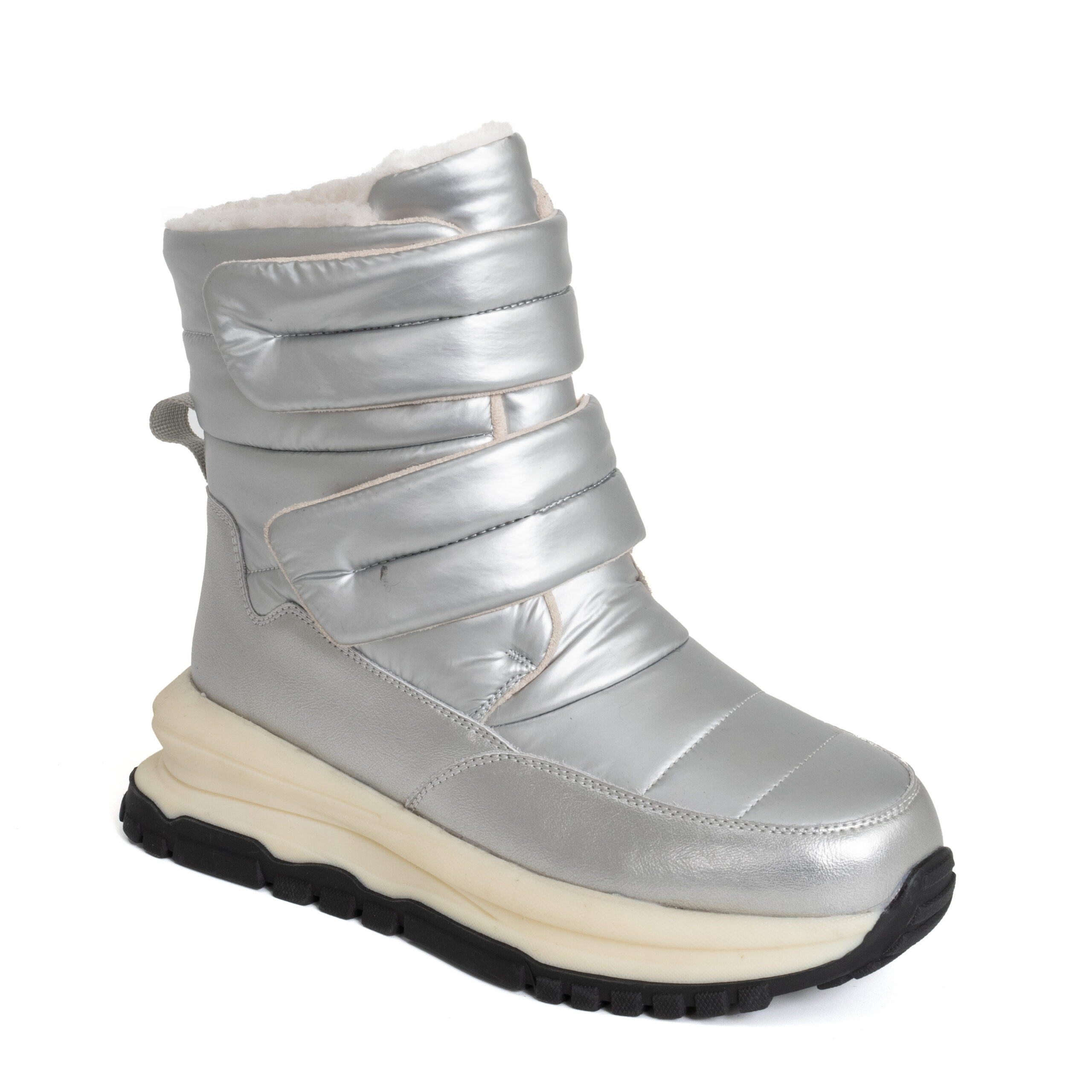 women casual boots with silver down cloth and microfiber leather