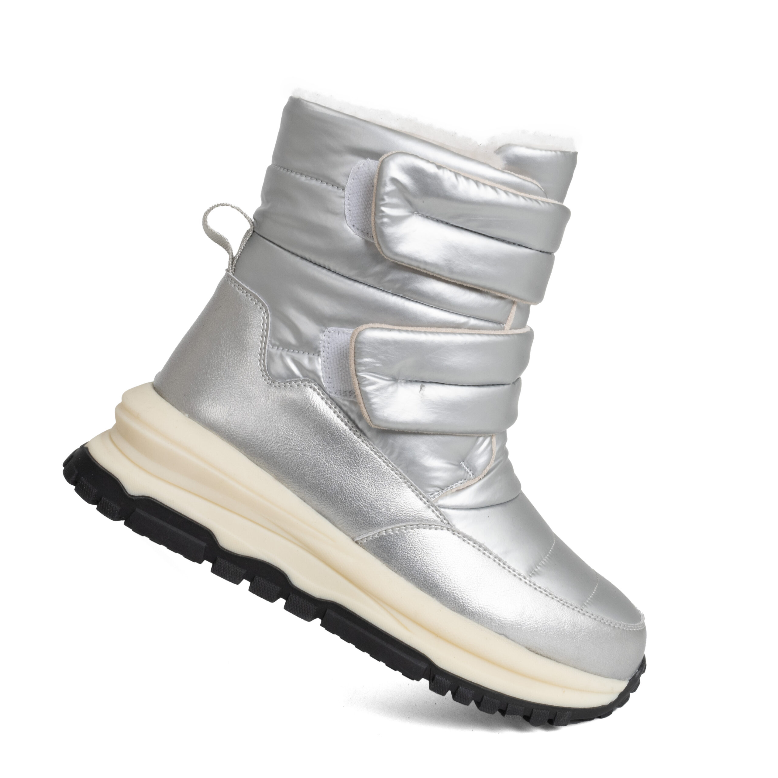 women casual boots with silver down cloth and microfiber leather