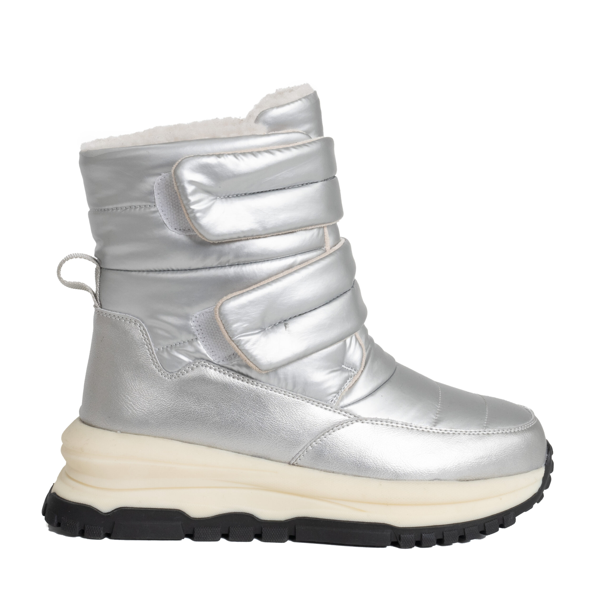 women casual boots with silver down cloth and microfiber leather