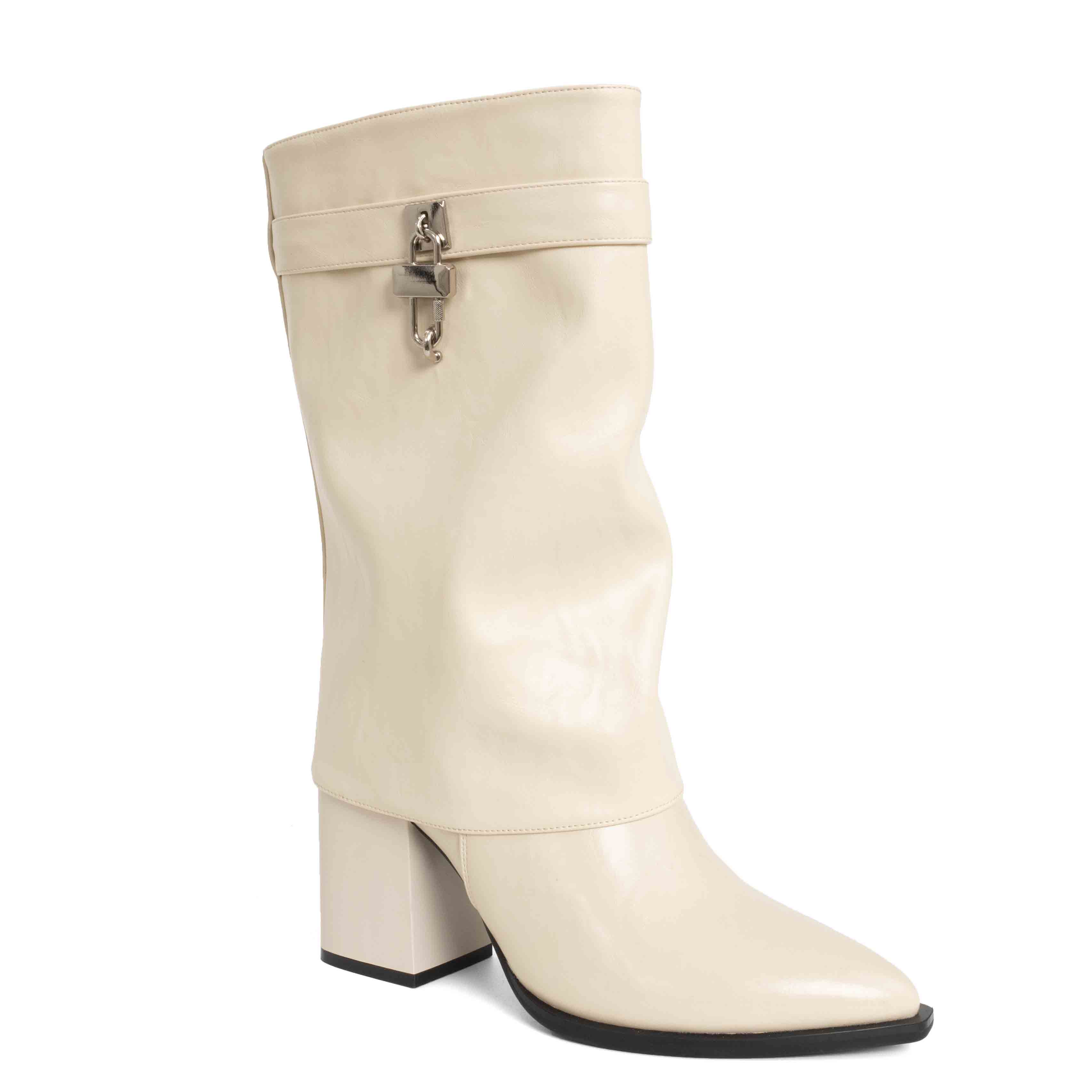 women knee high boots with Beige PU leather