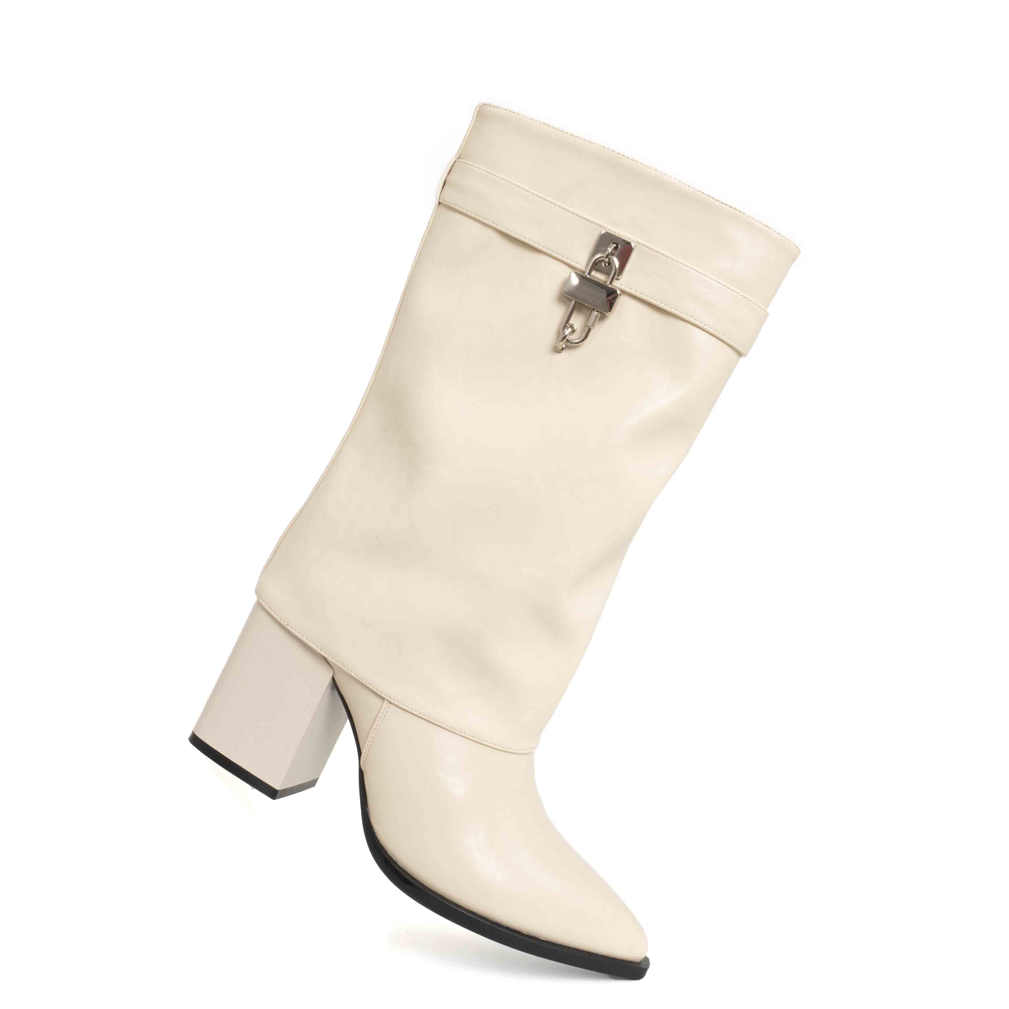 Women knee high boots with Beige PU leather