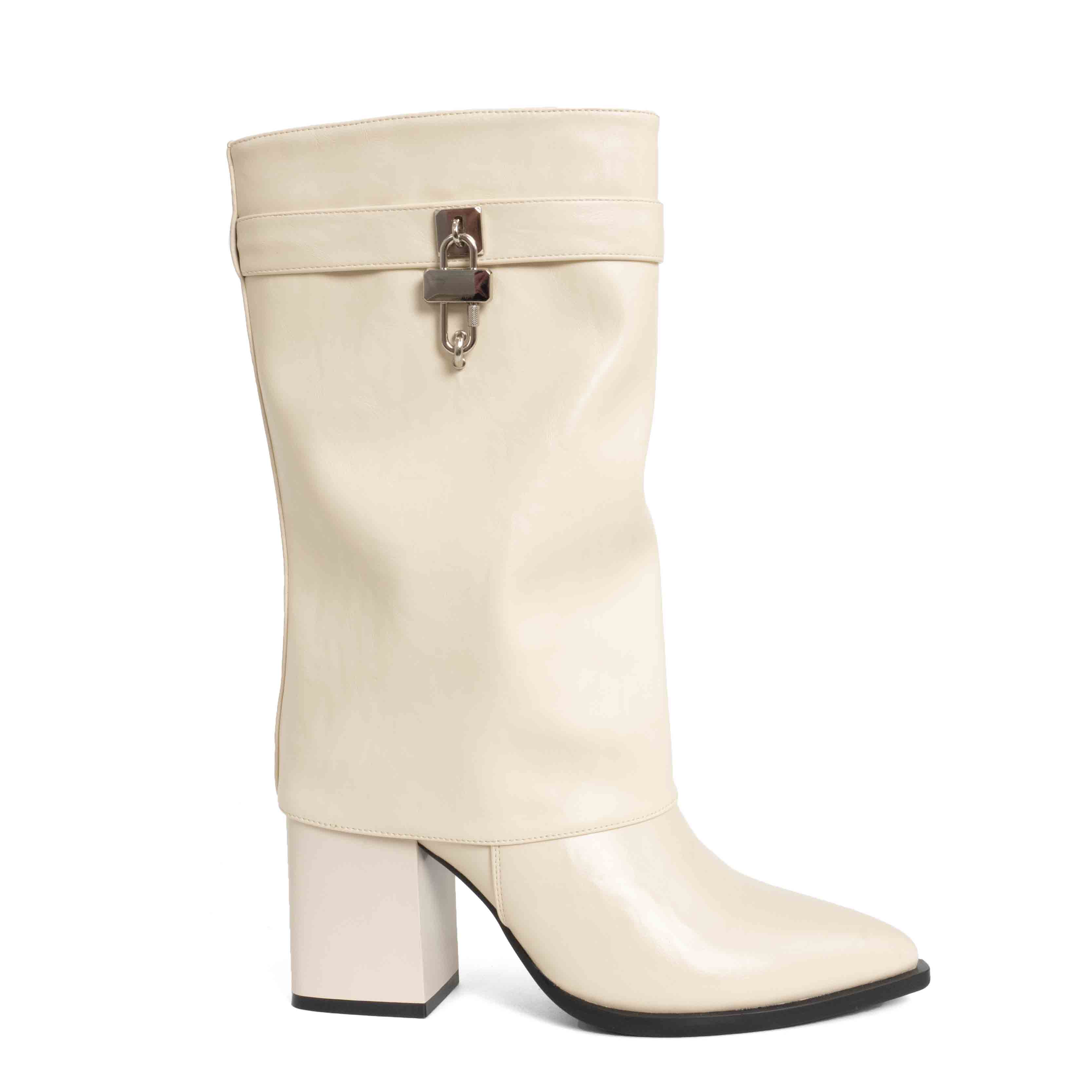 Women knee high boots with Beige PU leather