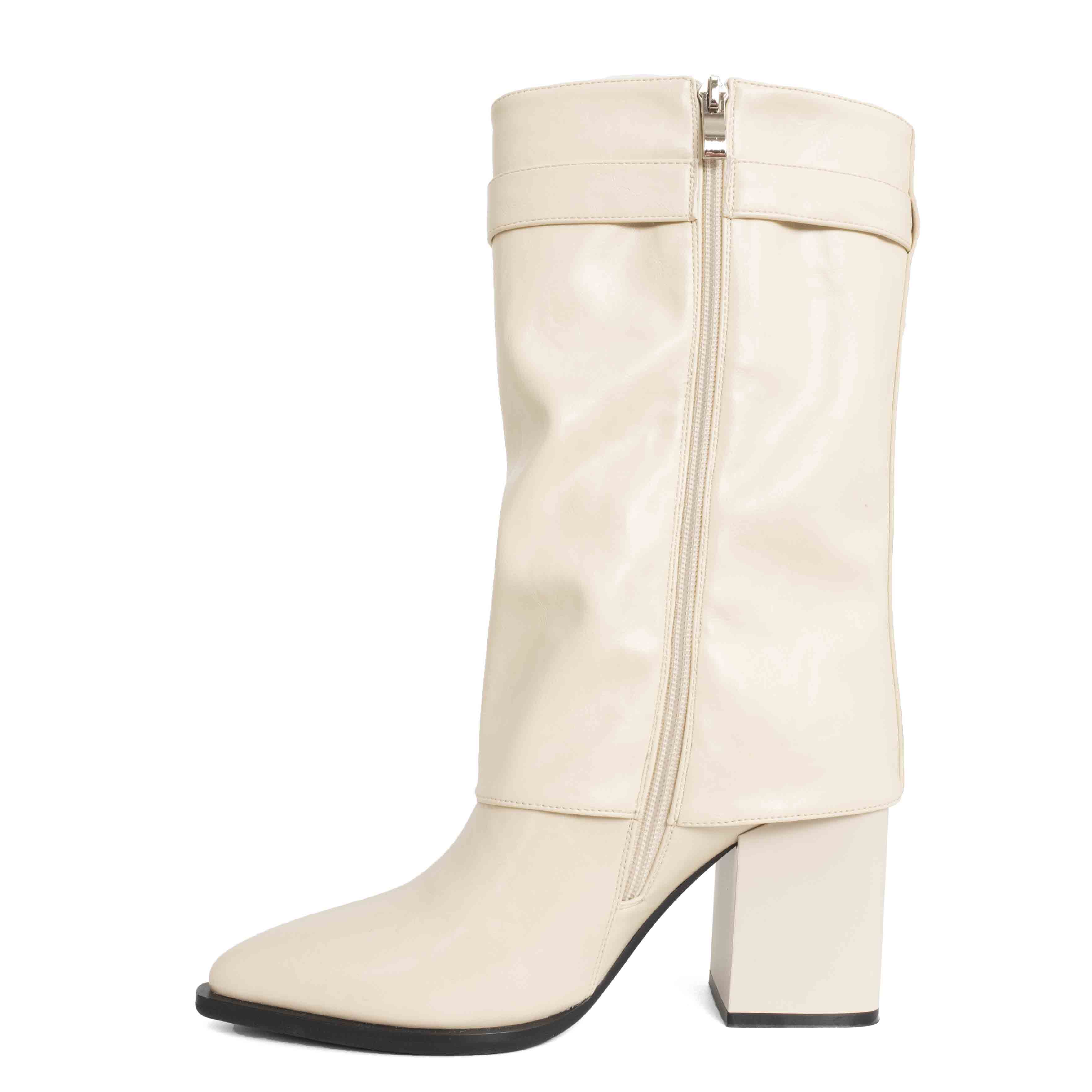 Women knee high boots with Beige PU leather