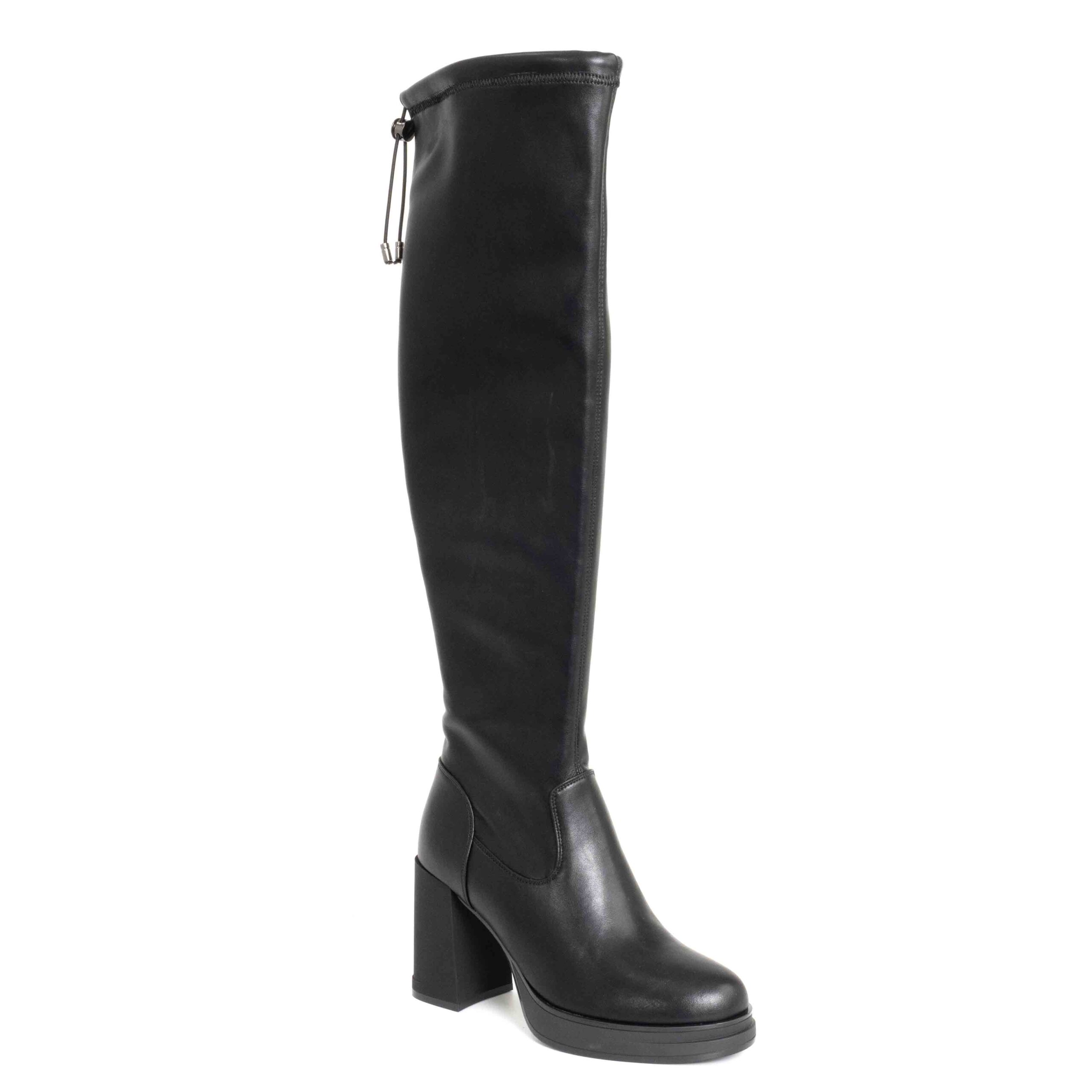 Stylish Women knee high boots with Black Stretch PU leather