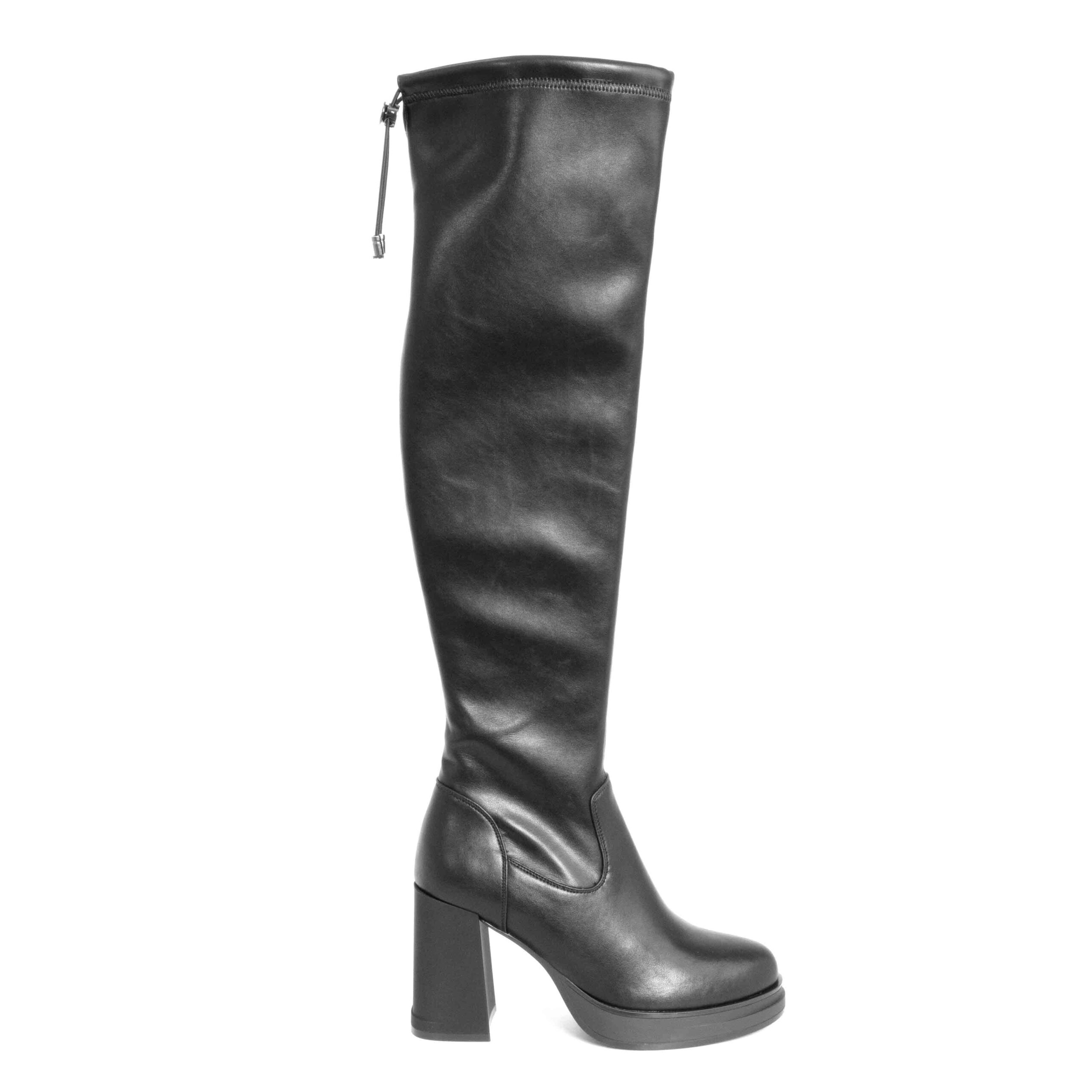 Stylish Women knee high boots with Black Stretch PU leather