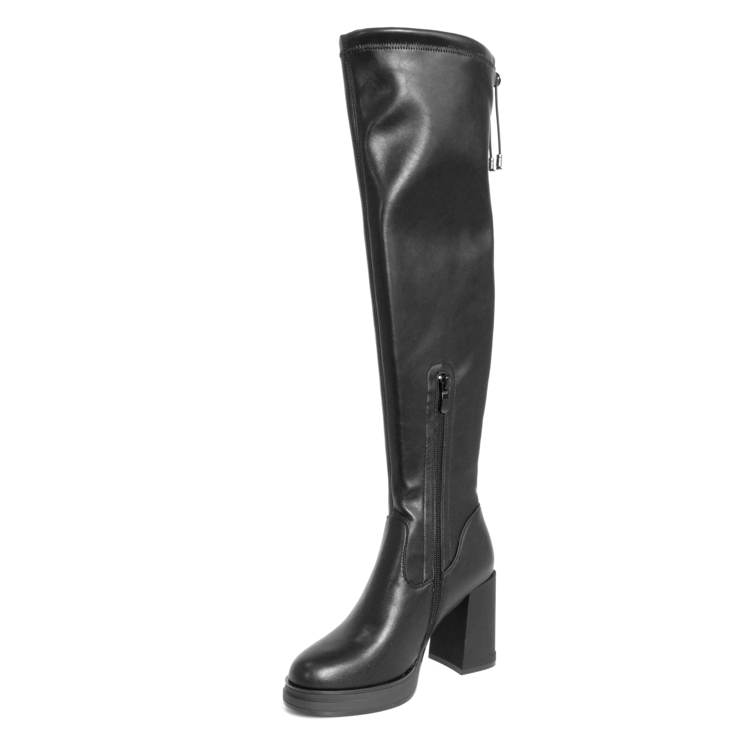 Stylish Women knee high boots with Black Stretch PU leather