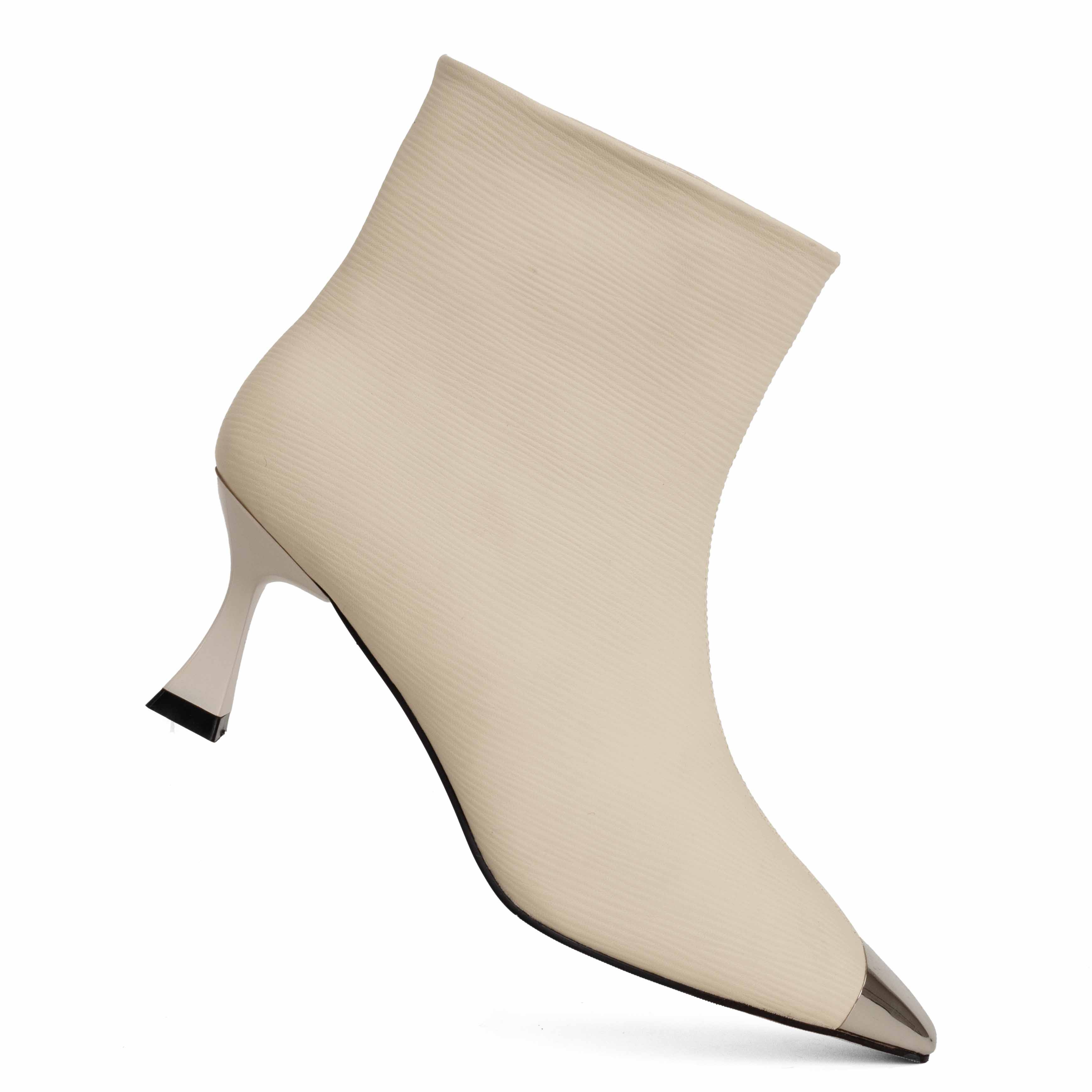 Step into elegance with beige Microfiber leather Women heeled boots. Perfect for any occasion, these stylish shoes combine comfort effortlessly