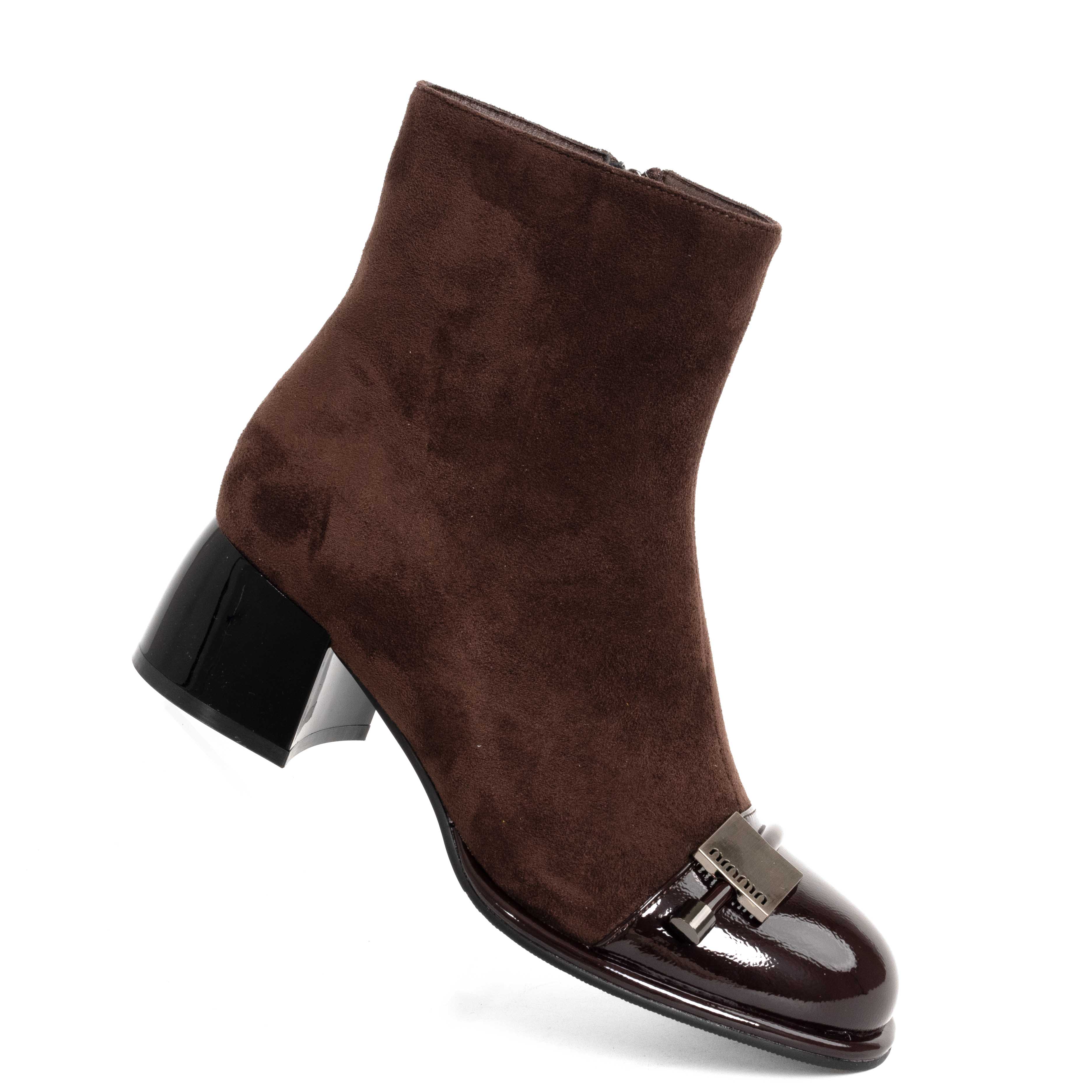 NEW Women Heeled boots with Brown cashmere leather and patent leather