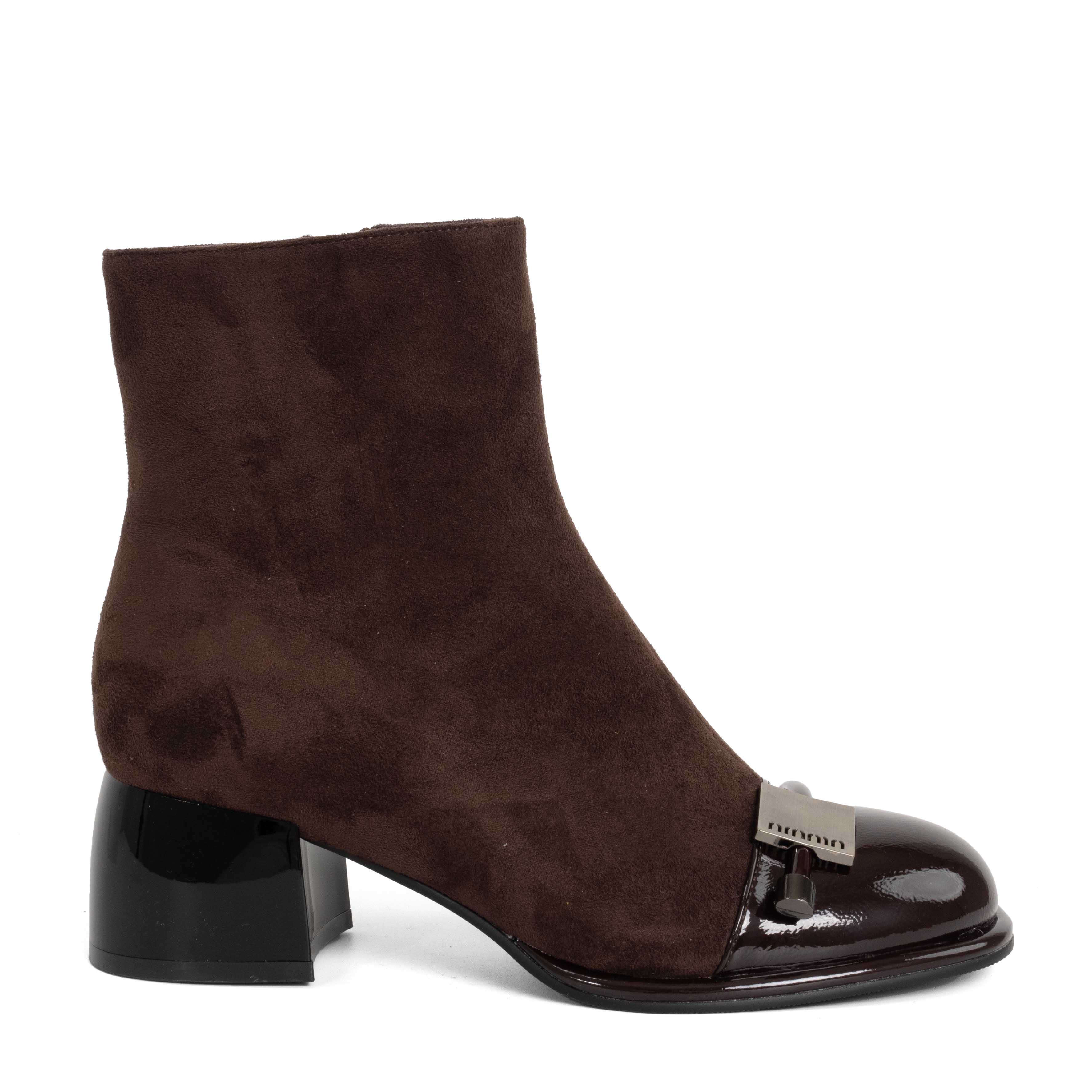 NEW Women Heeled boots with Brown cashmere leather and patent leather