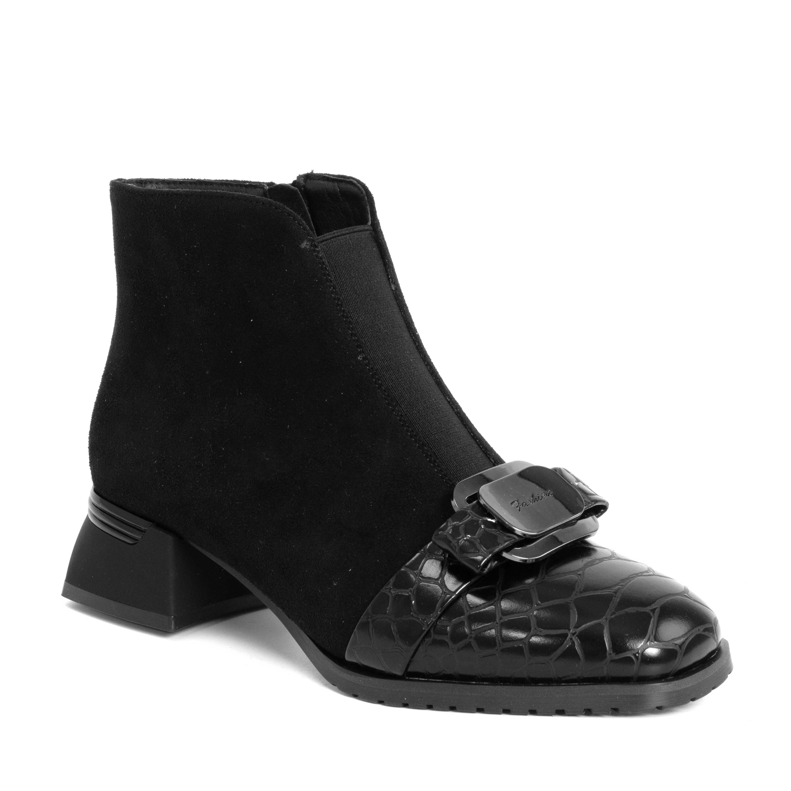 NEW Women Heeled boots with Black cashmere leather and patent leather