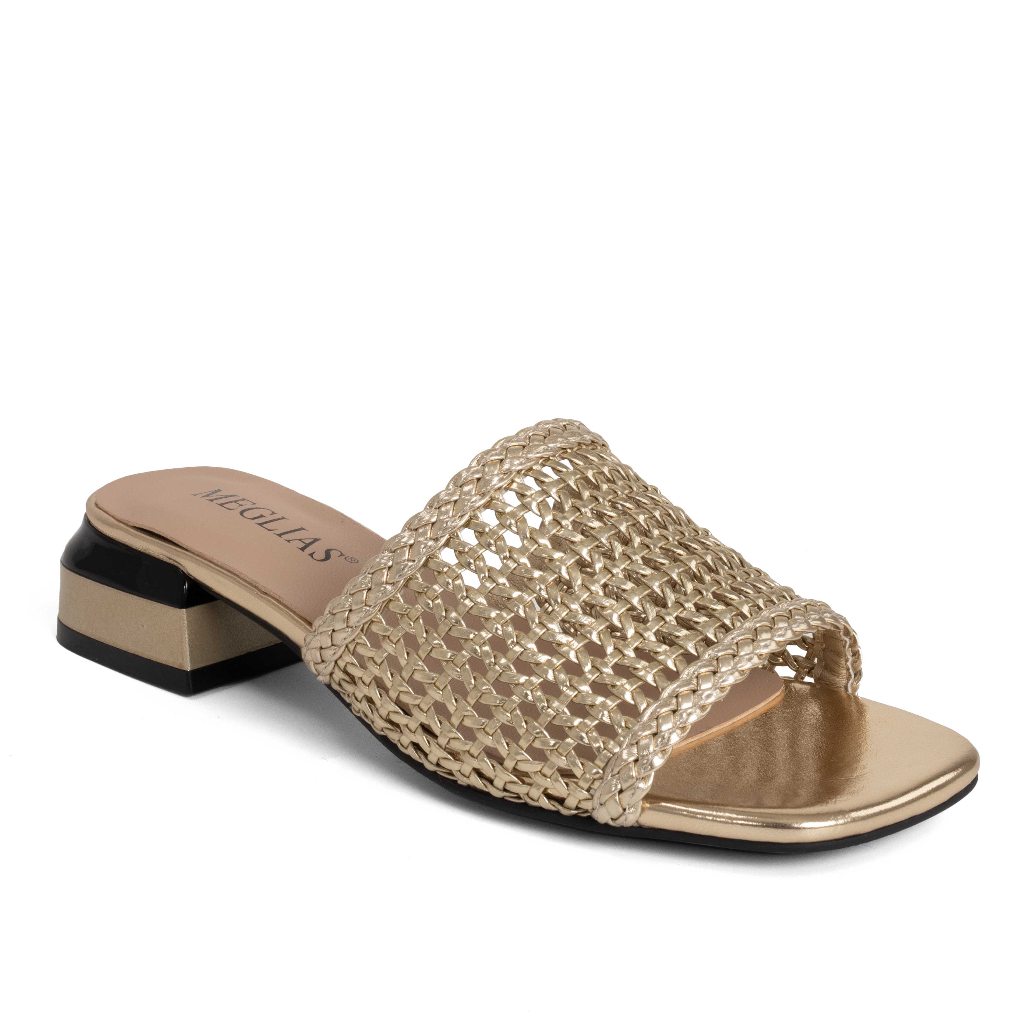 women heeled sandals and slippers with gold knit