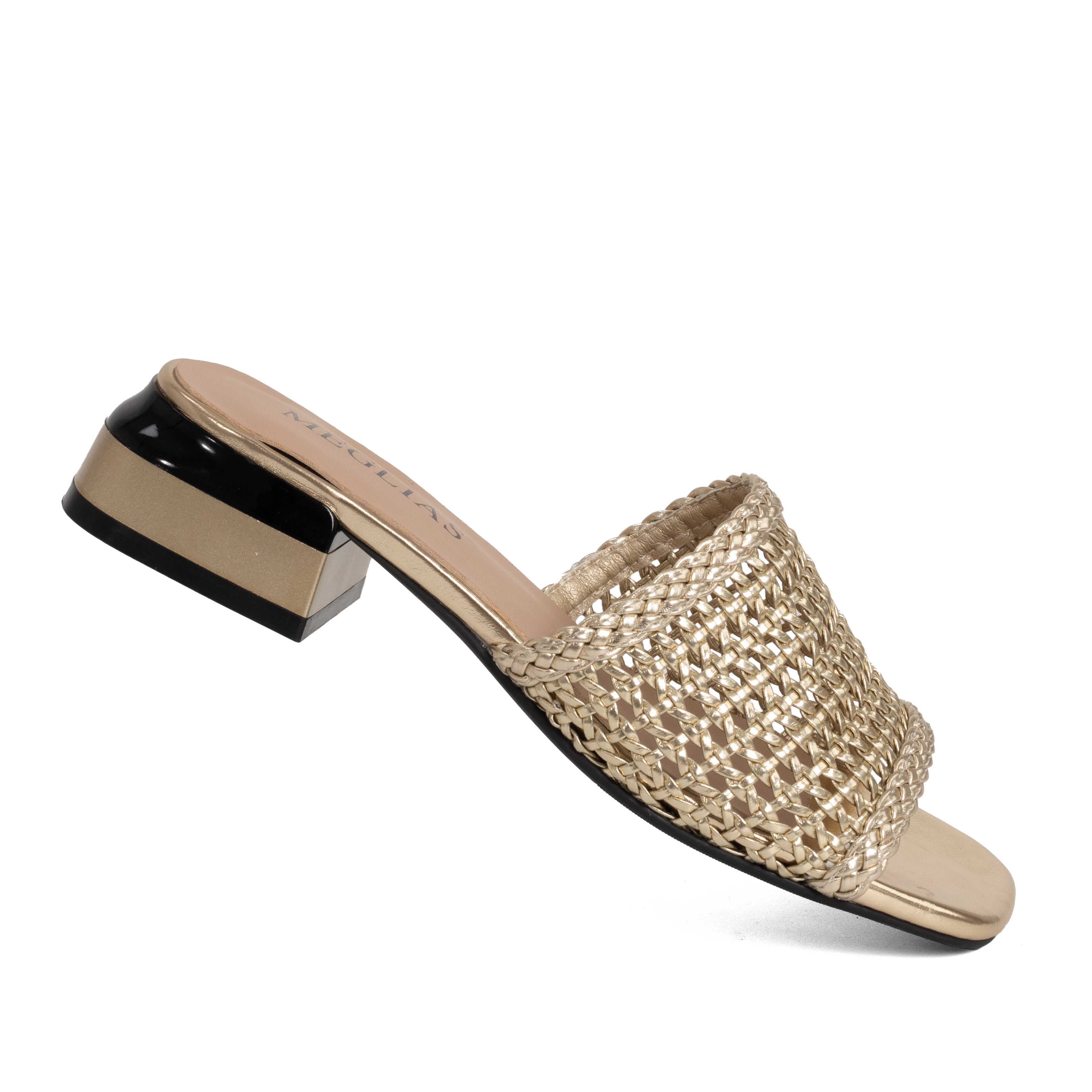women heeled sandals and slippers with gold knit