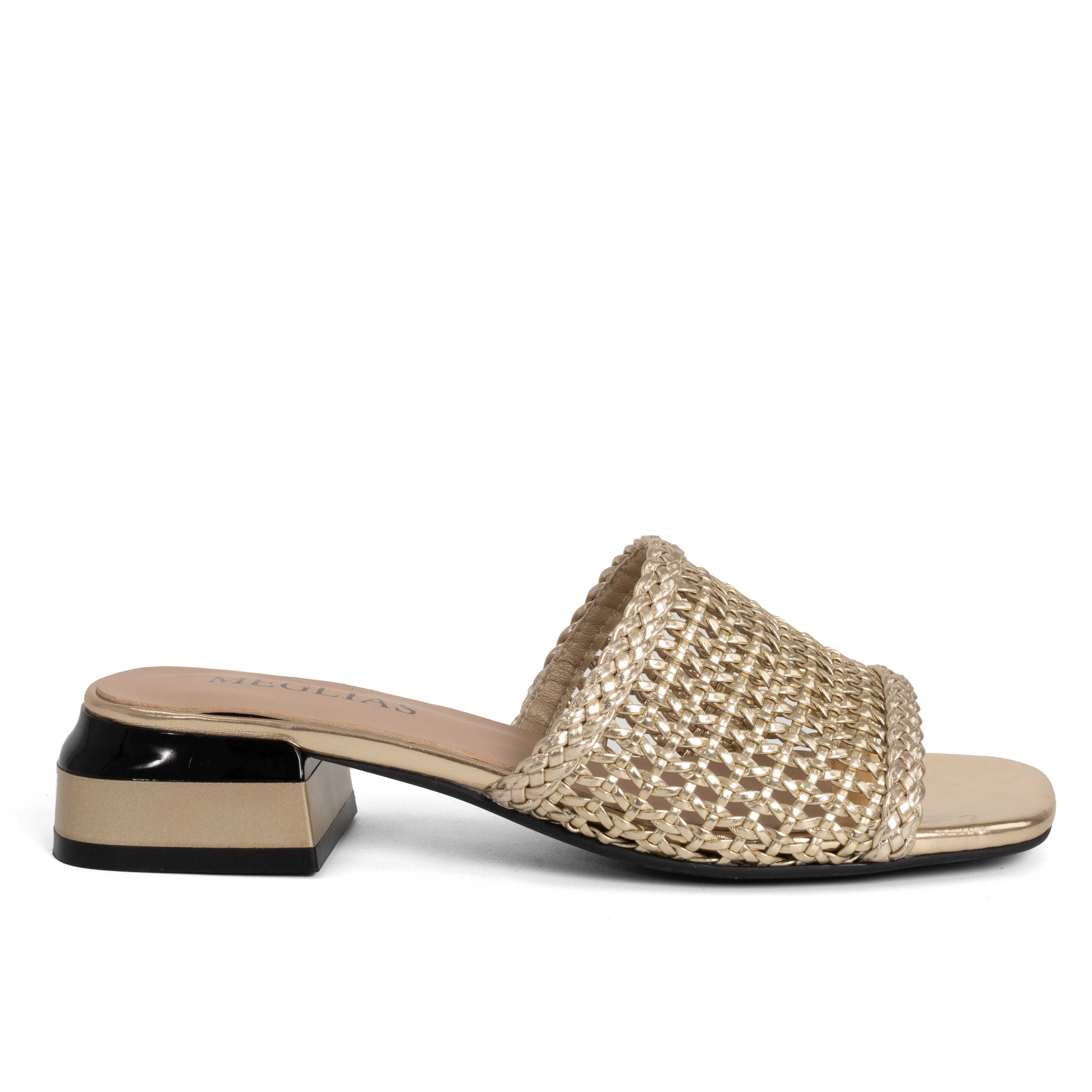 women heeled sandals and slippers with gold knit