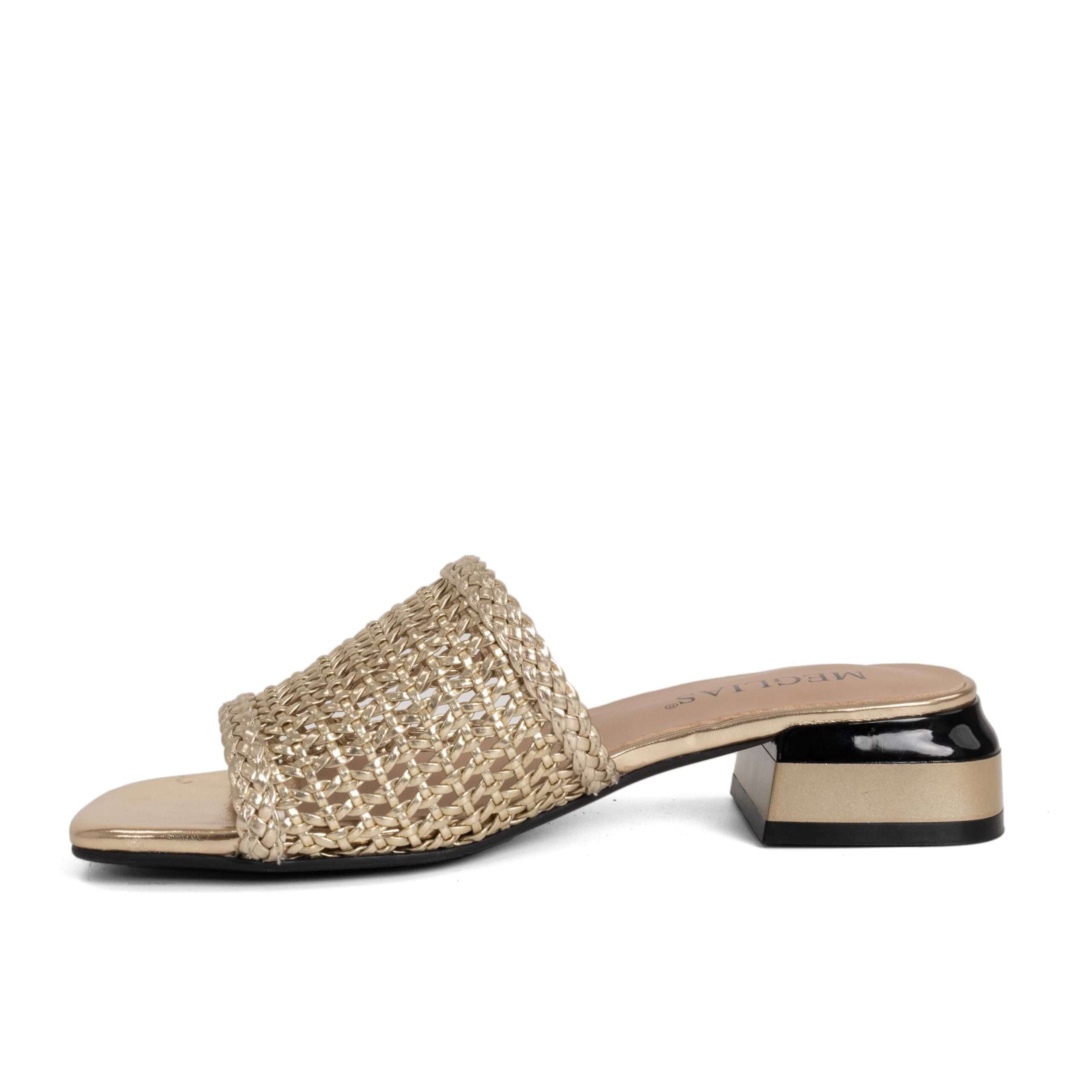 women heeled sandals and slippers with gold knit