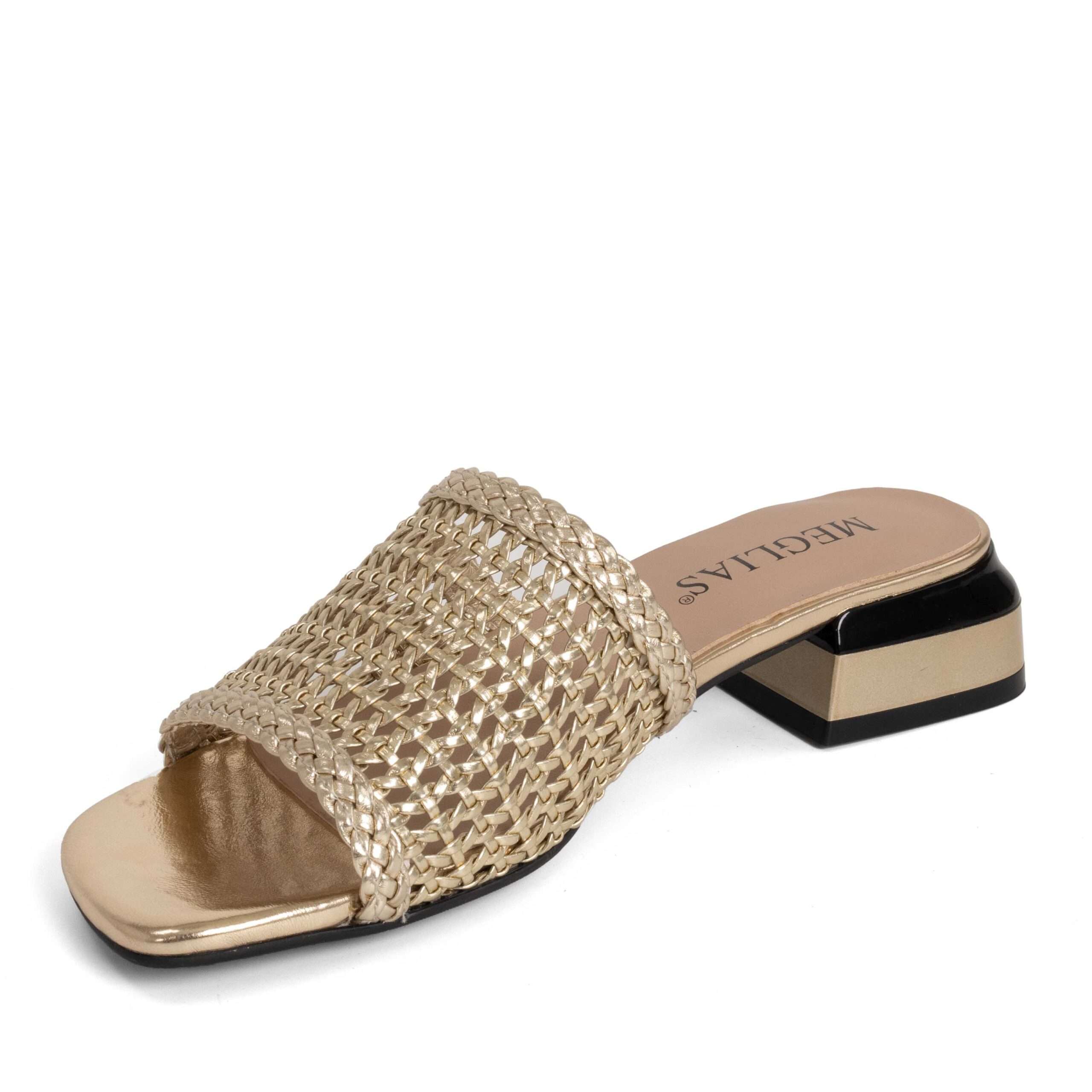 women heeled sandals and slippers with gold knit