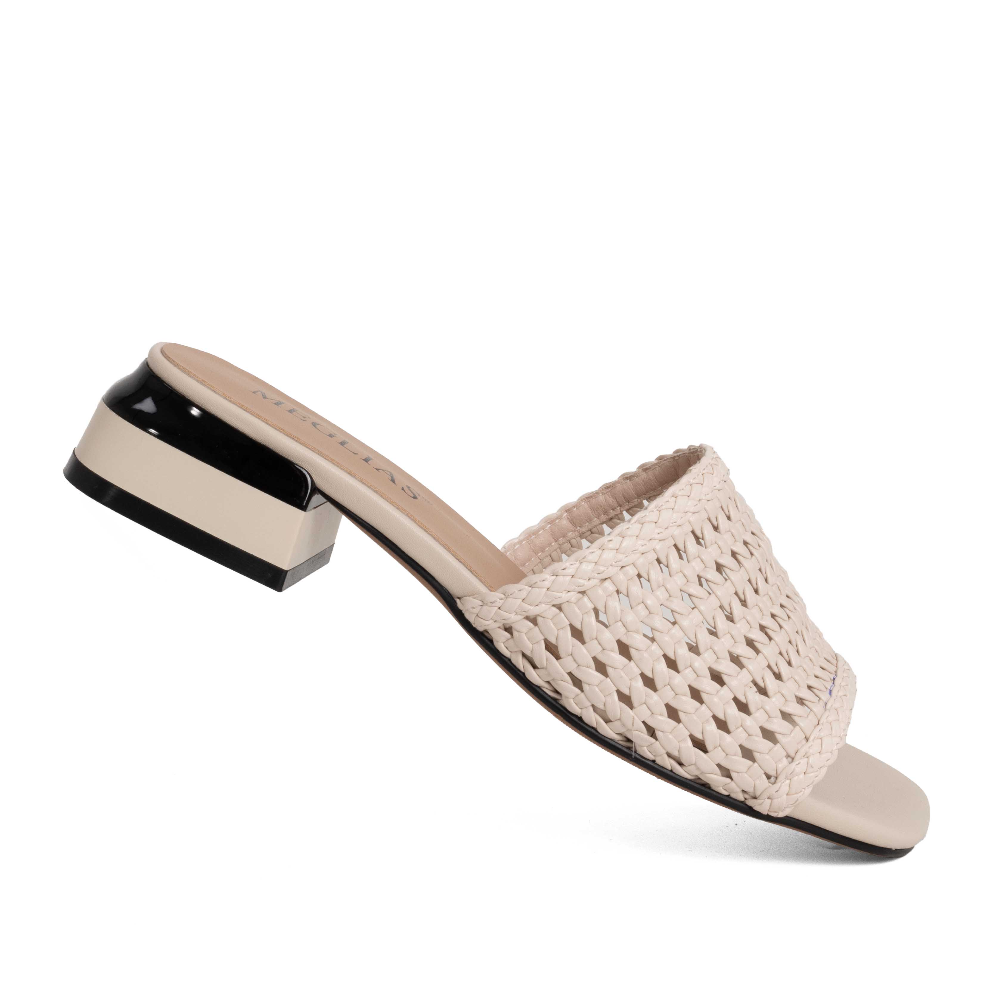 women heeled sandals and slippers with beige knit
