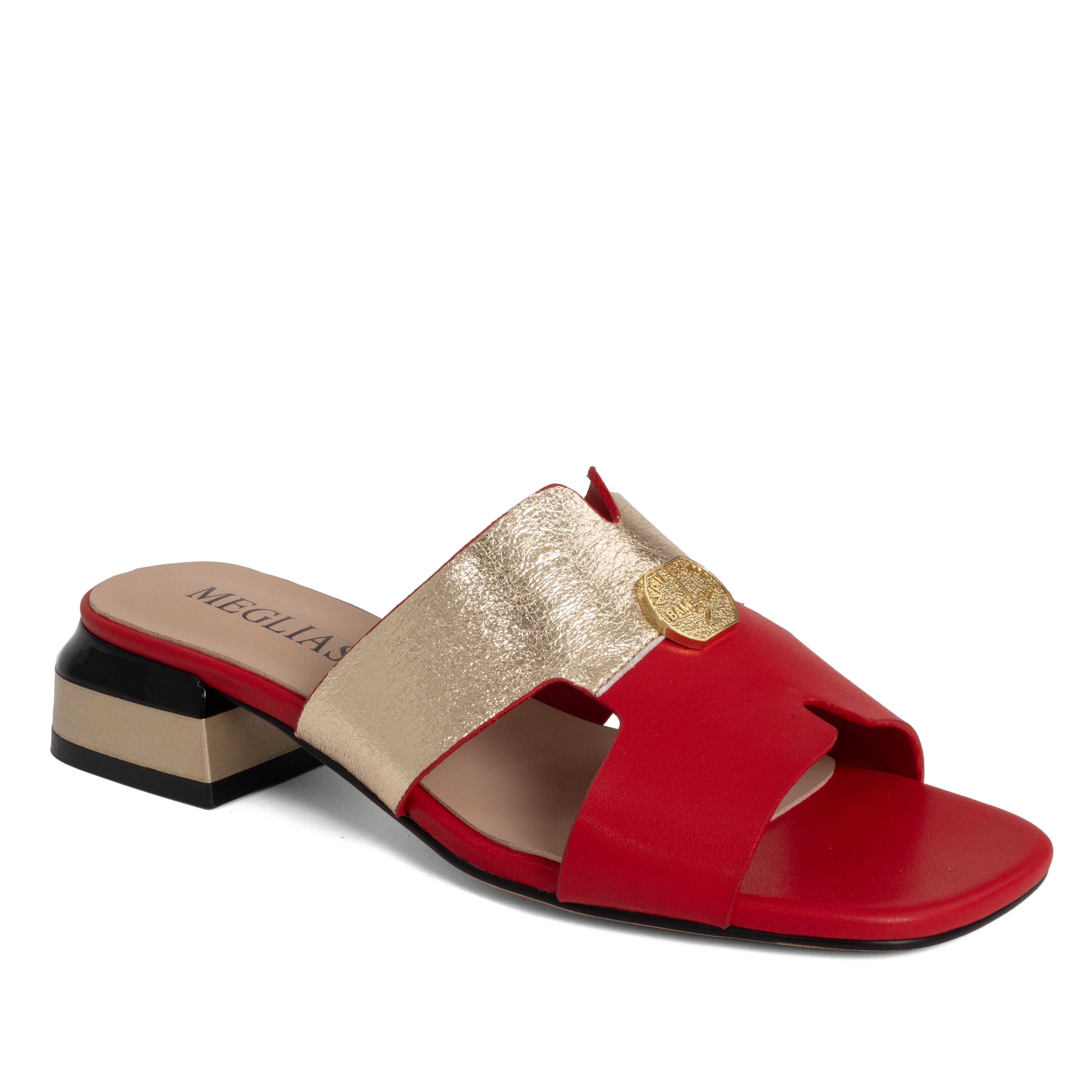 women heeled sandals and slippers with gold and red microfiber leather