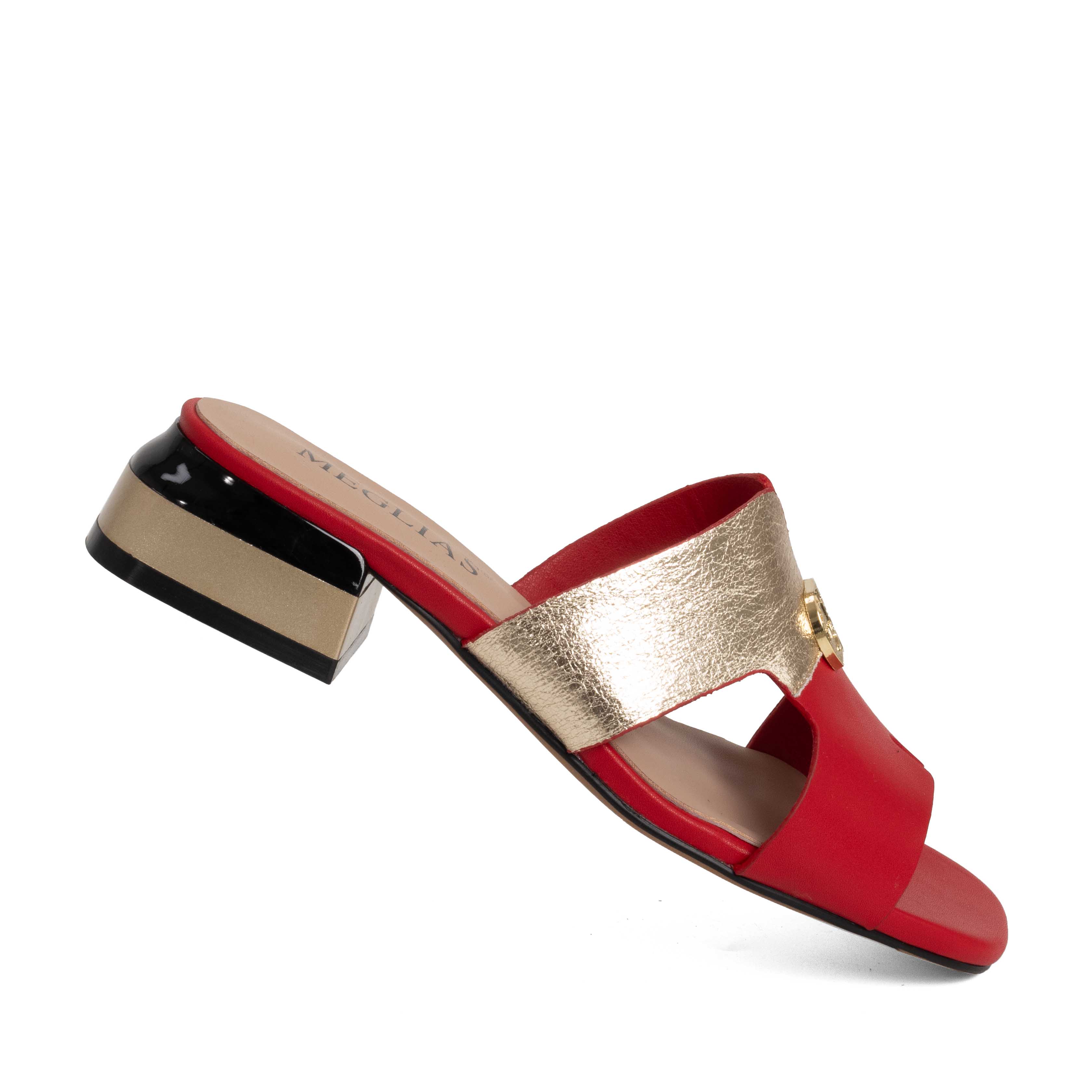 women heeled sandals and slippers with gold and red microfiber leather