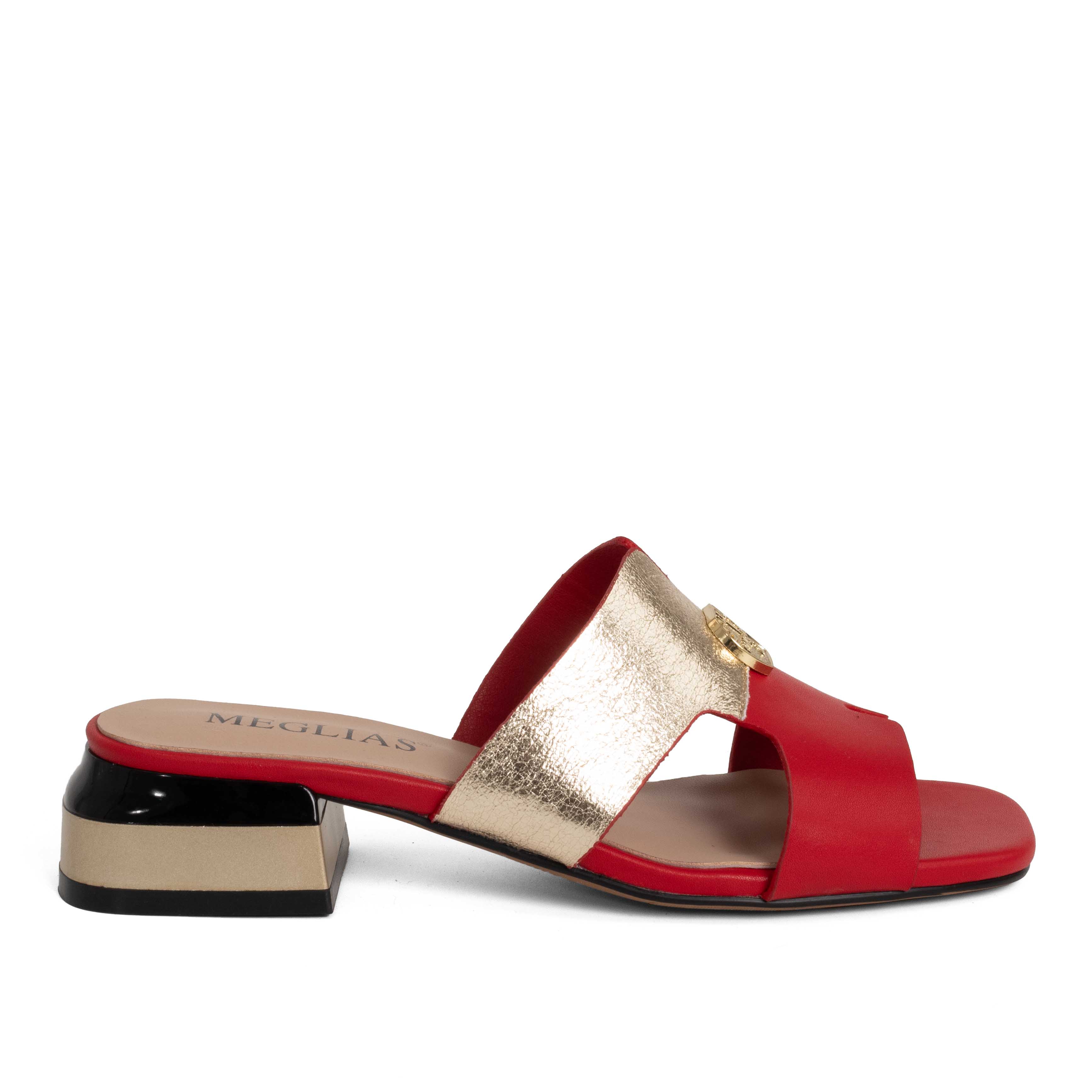 women heeled sandals and slippers with gold and red microfiber leather