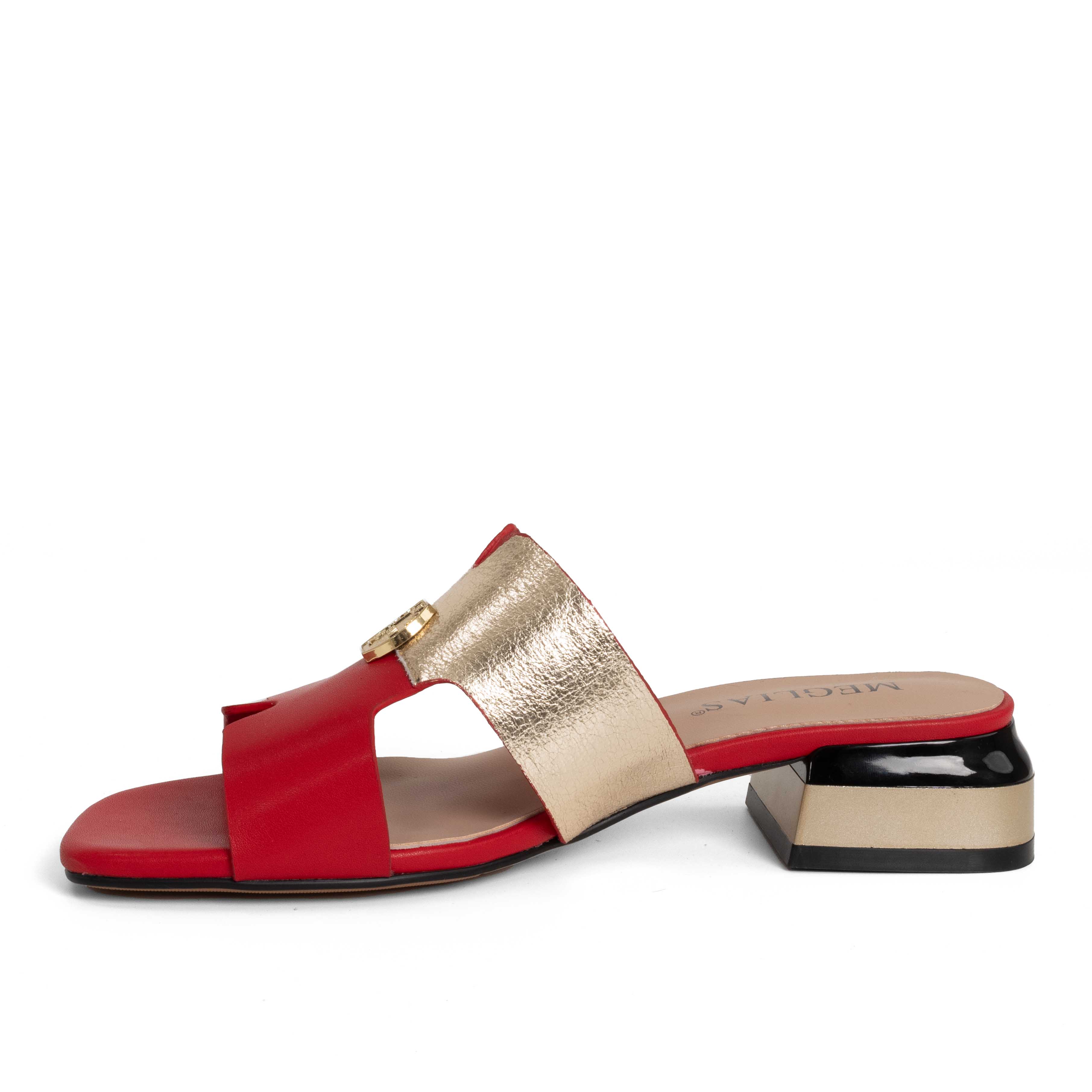 women heeled sandals and slippers with gold and red microfiber leather