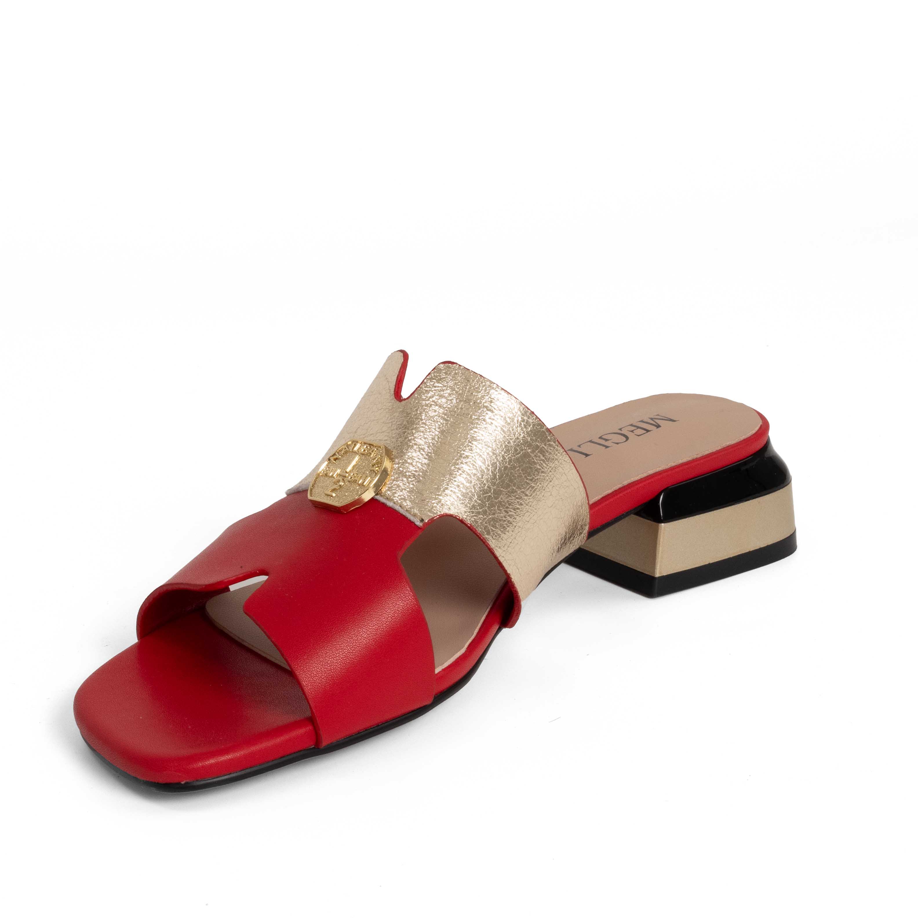 women heeled sandals and slippers with gold and red microfiber leather