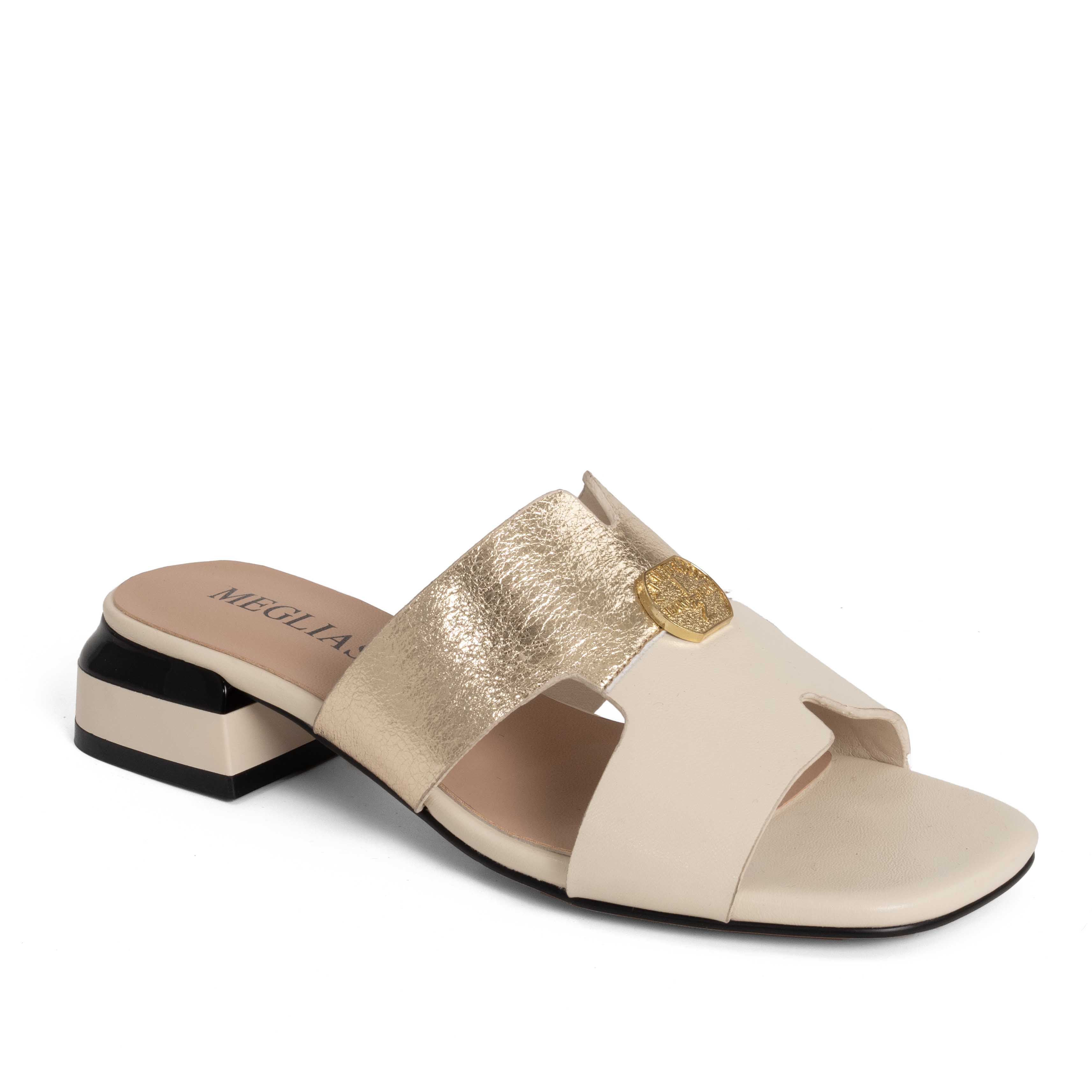 women heeled sandals and slippers with gold and beige microfiber leather