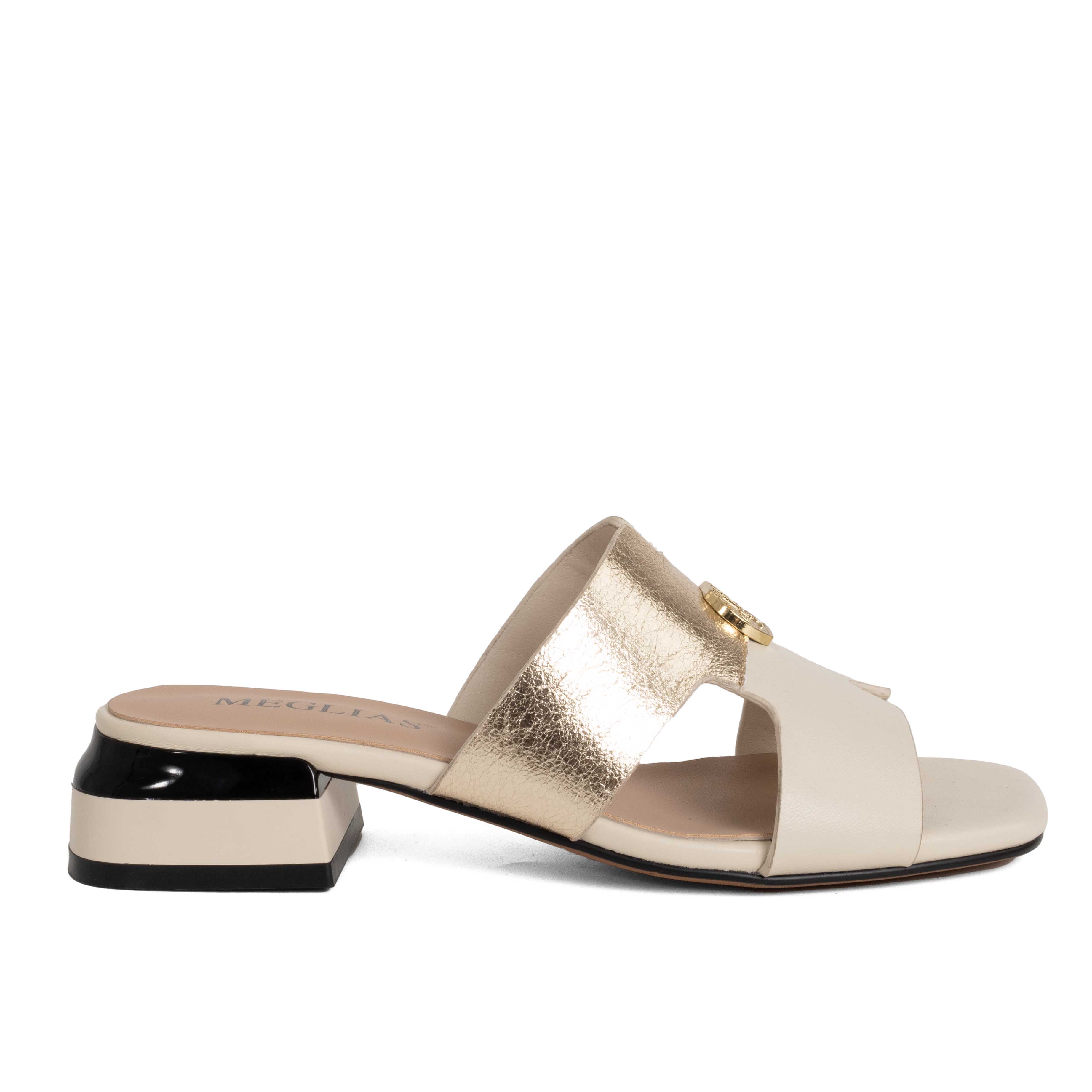 women heeled sandals and slippers with gold and beige microfiber leather