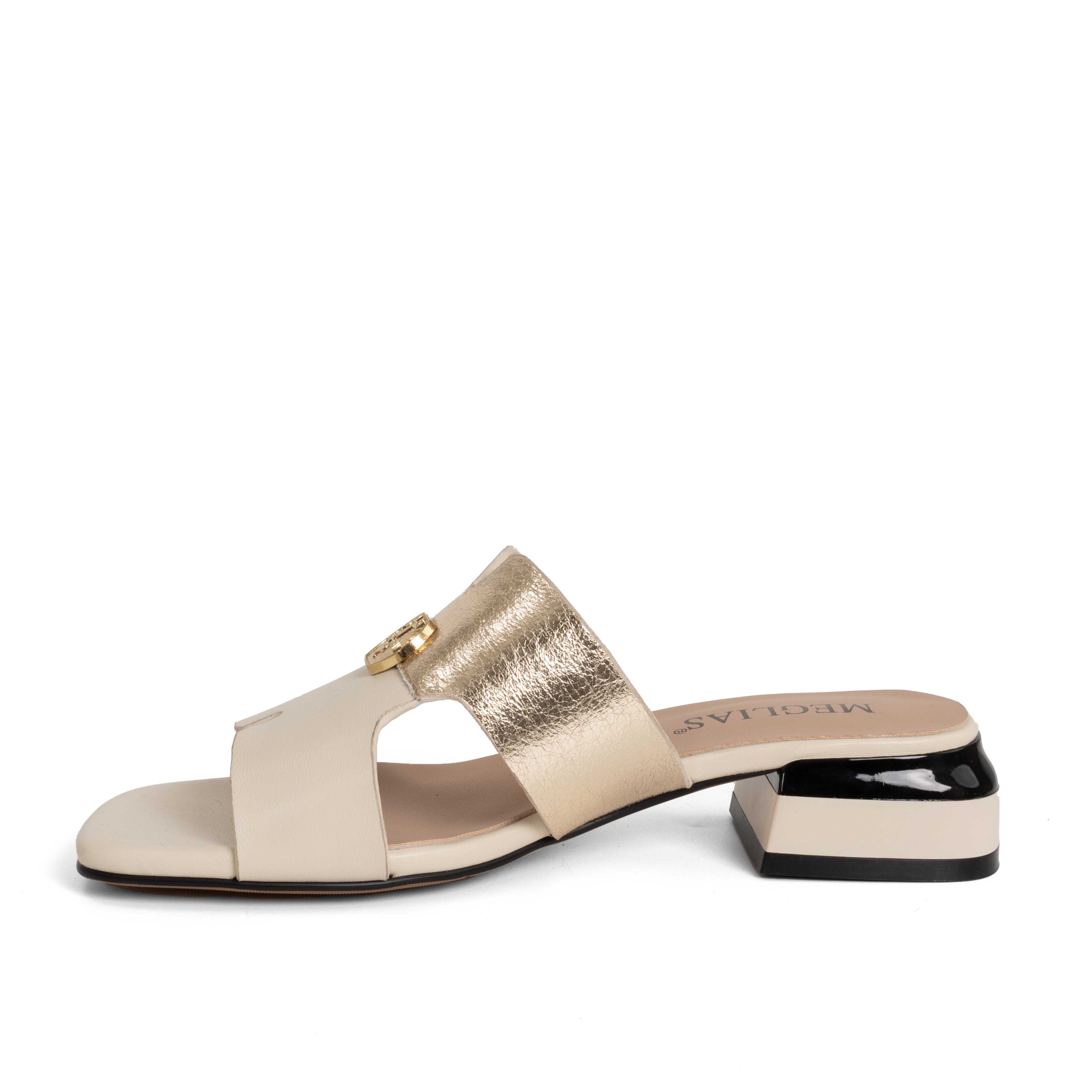 women heeled sandals and slippers with gold and beige microfiber leather