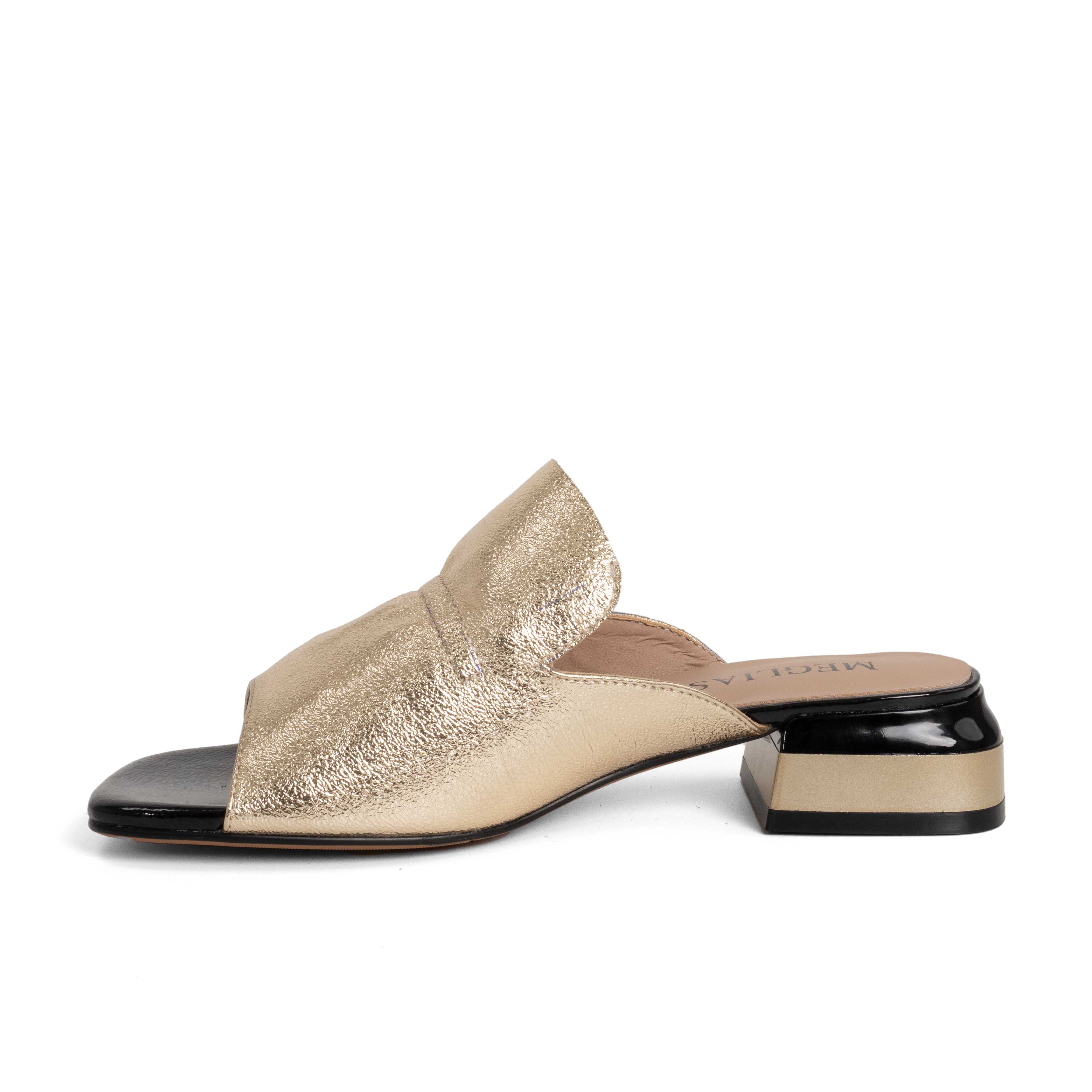women heeled sandals and slippers with light gold PU leather