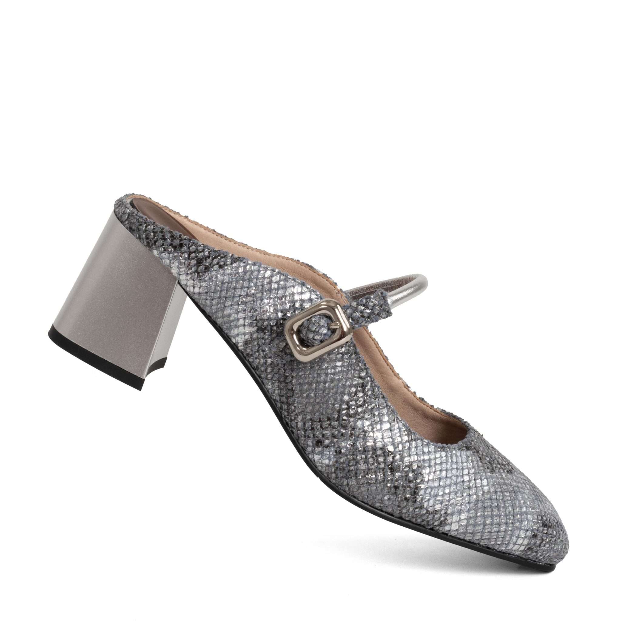 Classic Women high heel pumps with grey sneak patent microfiber leather