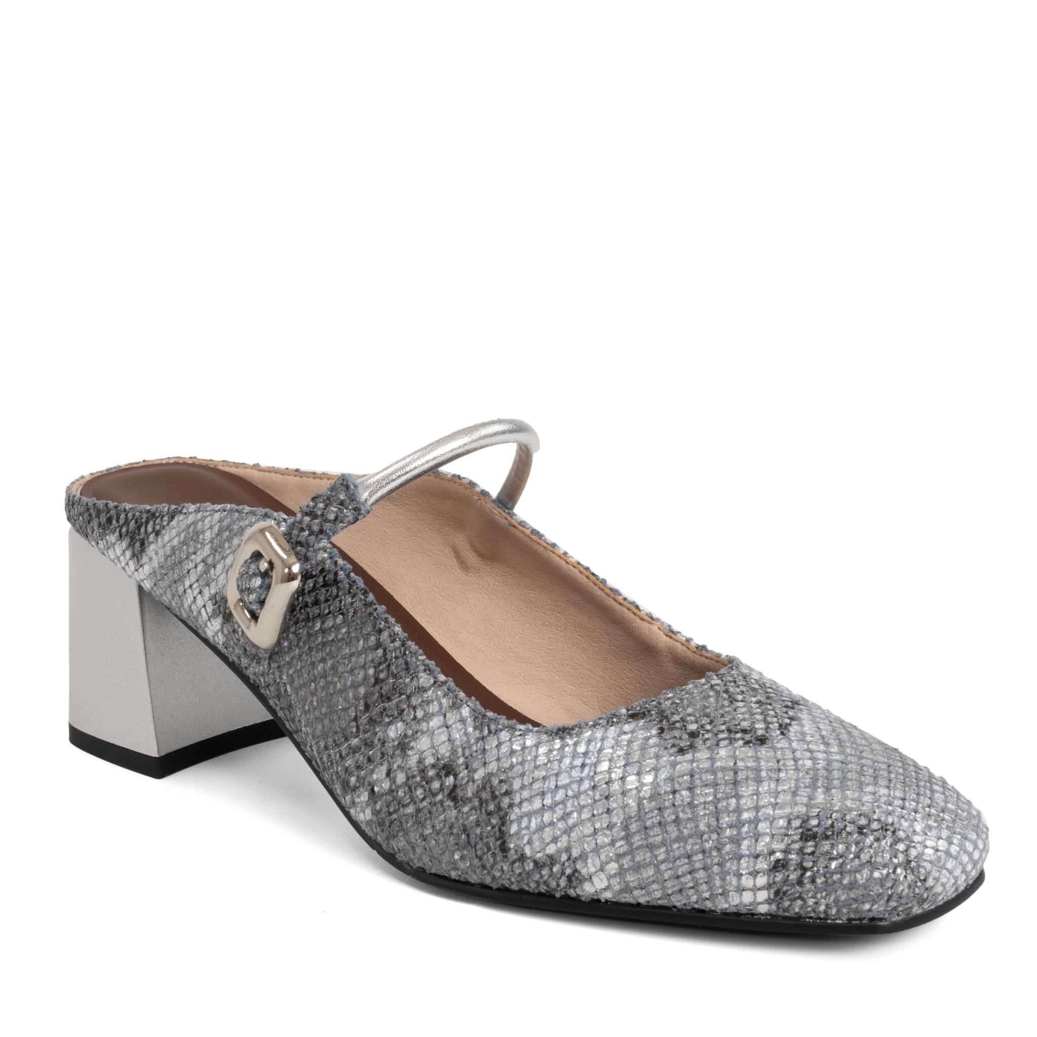 Classic Women high heel pumps with grey sneak patent microfiber leather