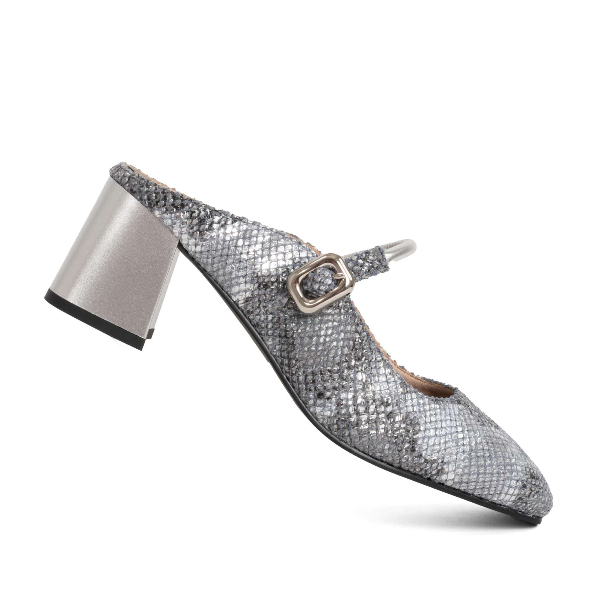 Classic Women high heel pumps with grey sneak patent microfiber leather