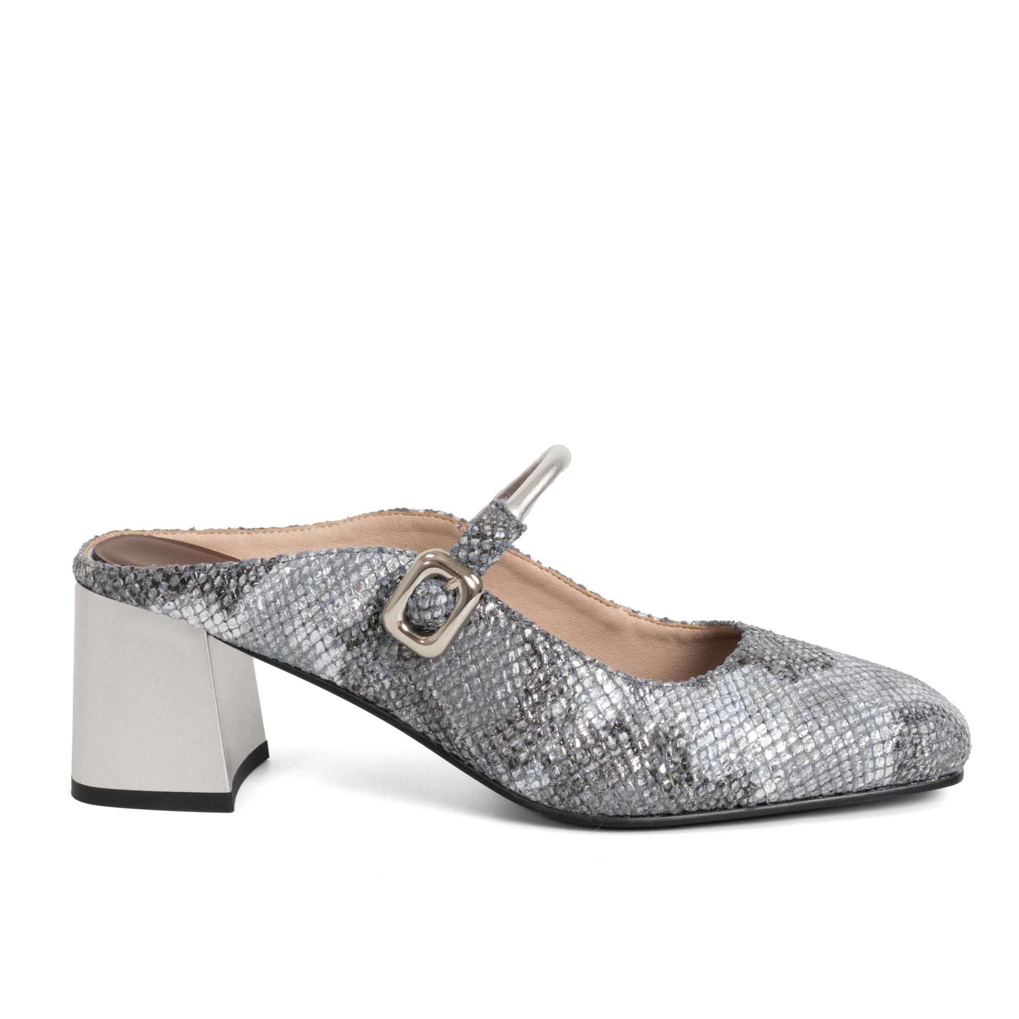 Classic Women high heel pumps with grey sneak patent microfiber leather