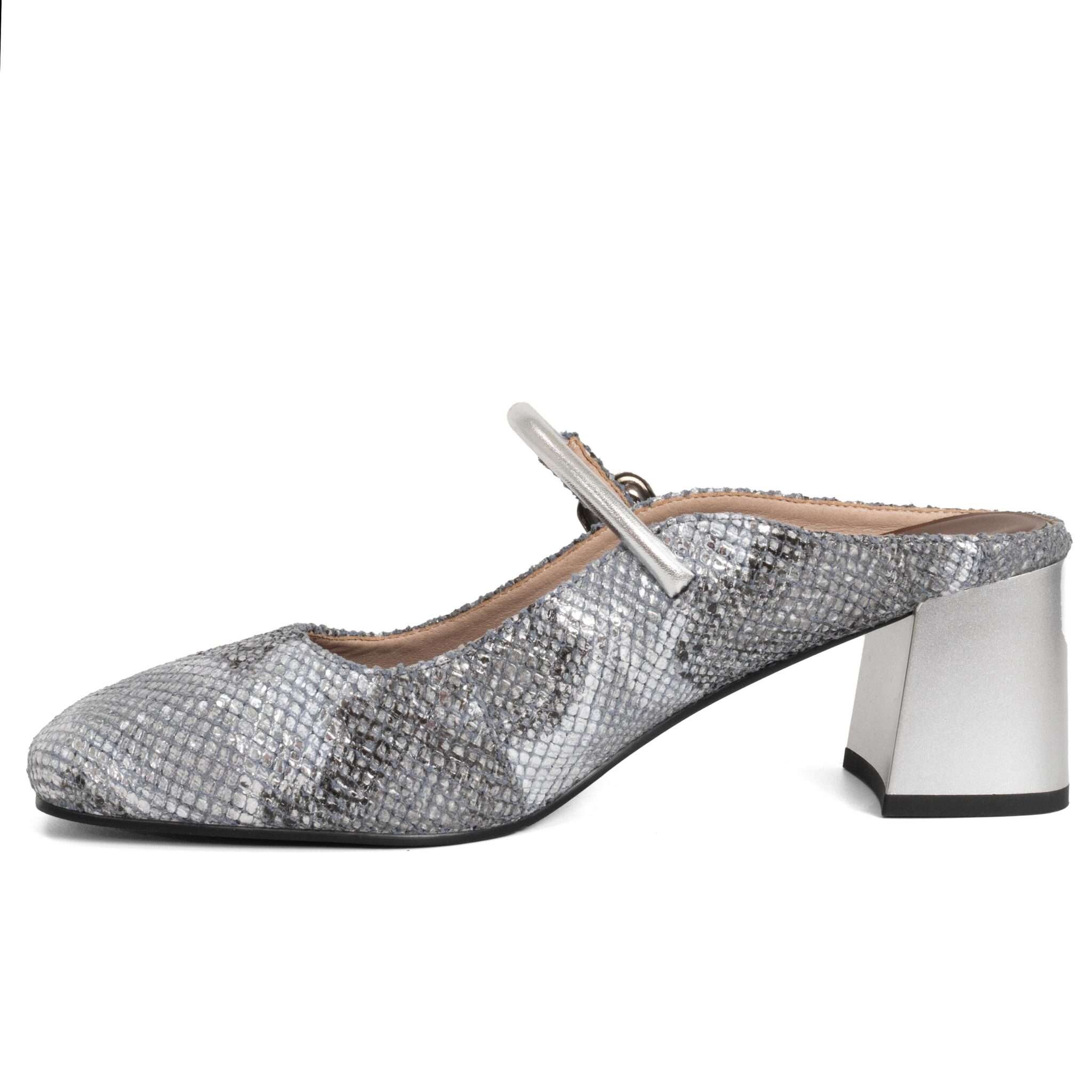Classic Women high heel pumps with grey sneak patent microfiber leather