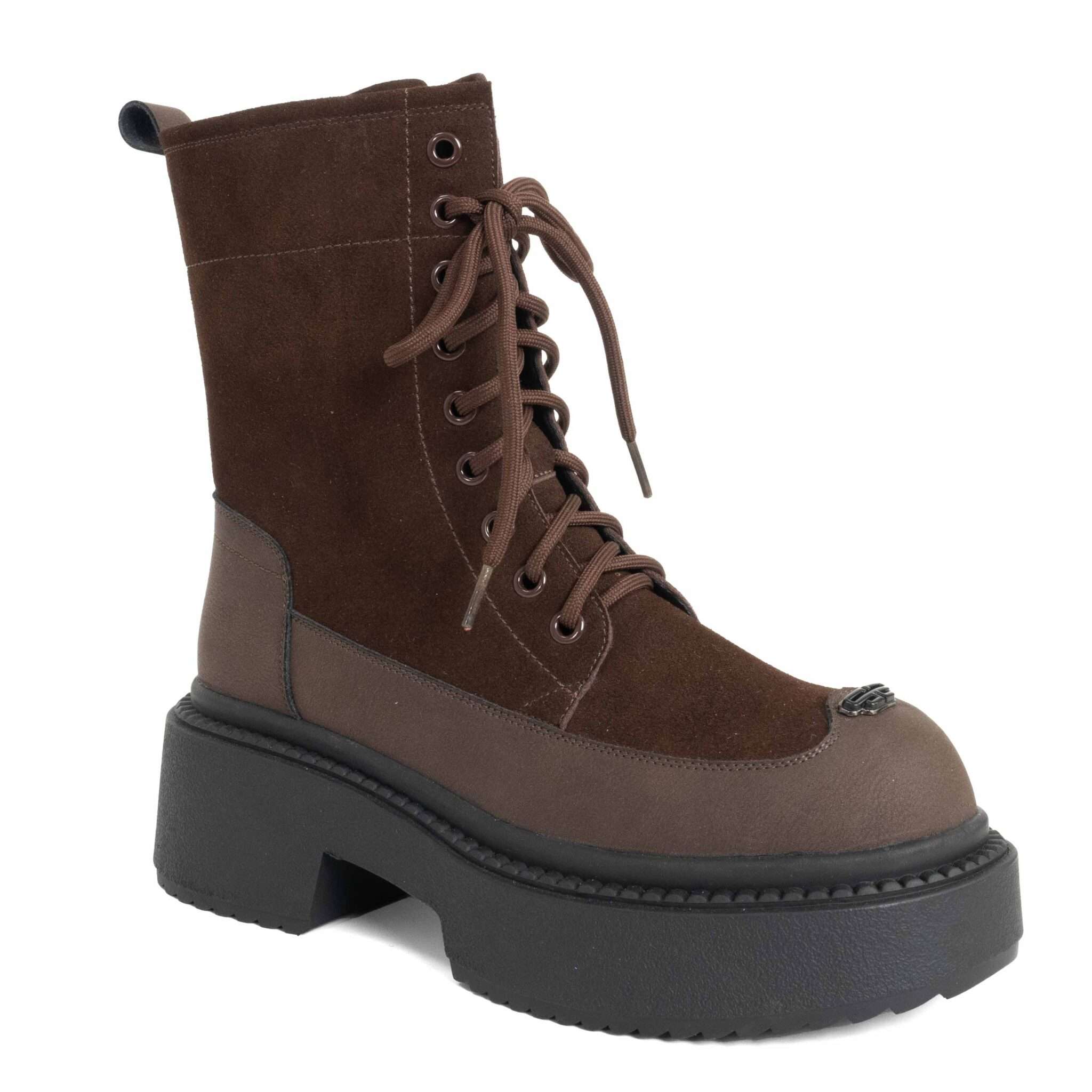 NEW Women work boots with Apricot Microfiber leather and Dark Brown Cow suede