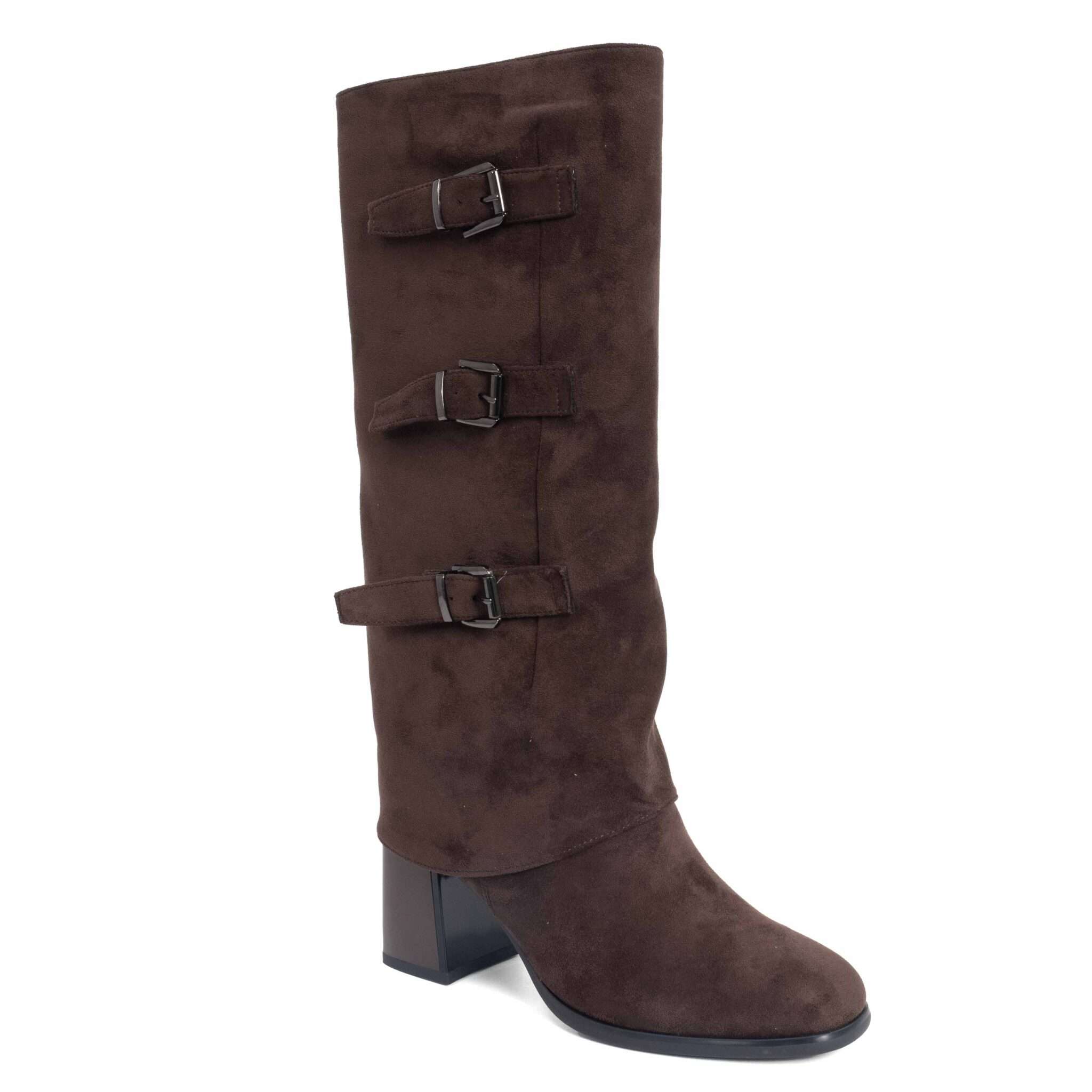 Classic heeled knee high boots for women with brown microfiber