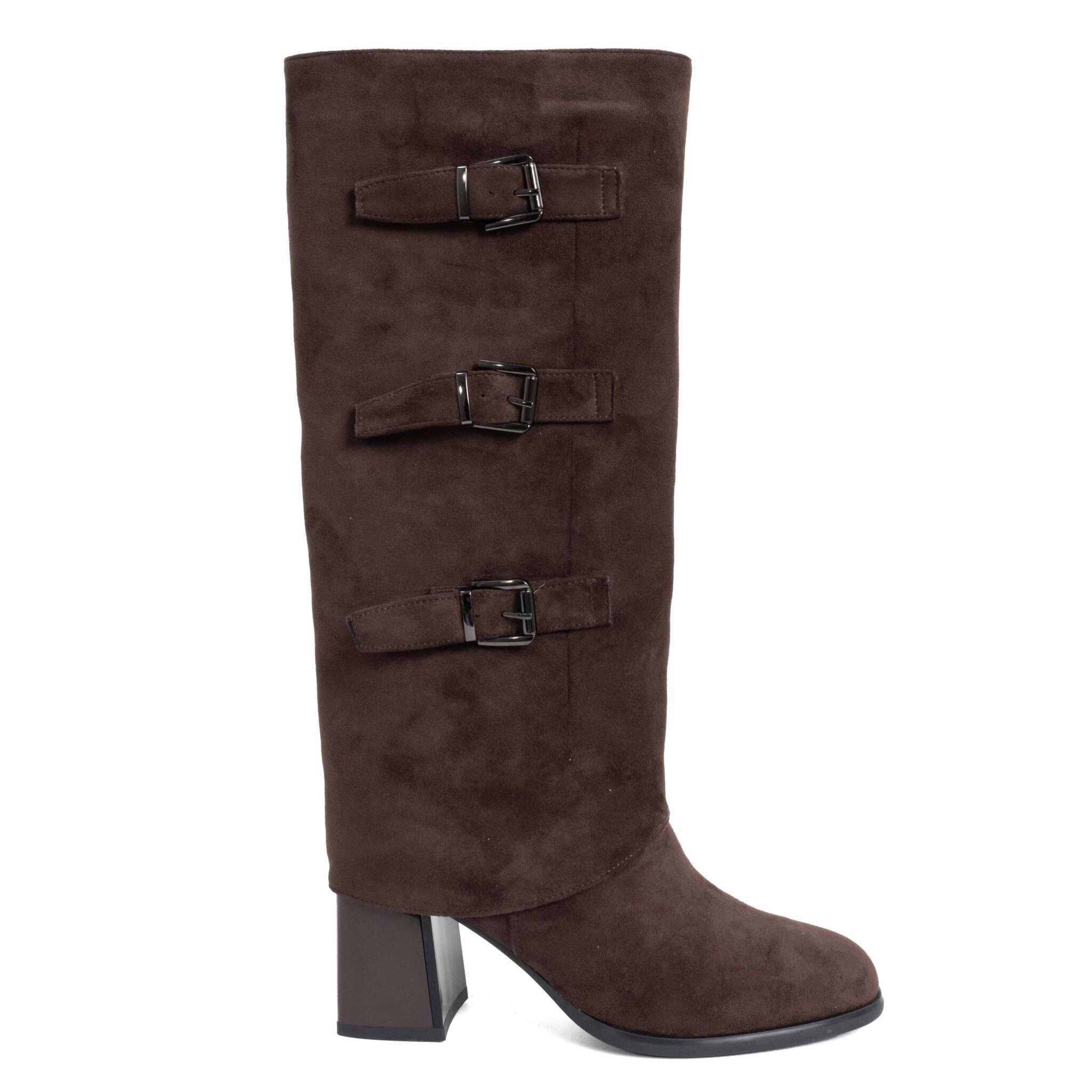 Classic heeled knee high boots for women with brown microfiber