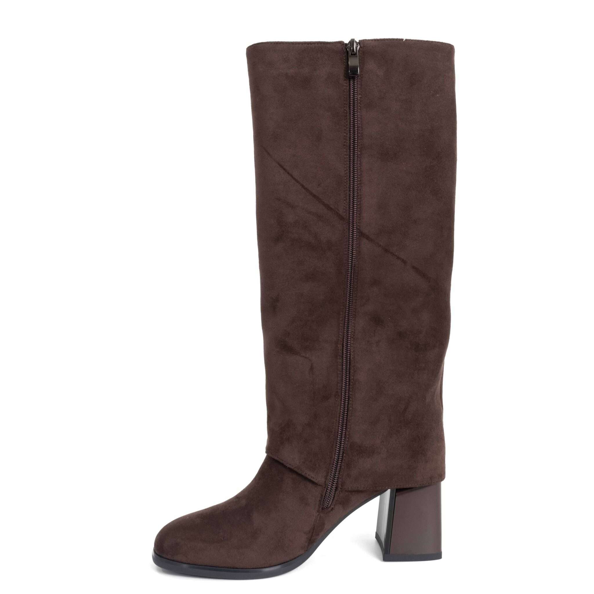 Classic heeled knee high boots for women with brown microfiber