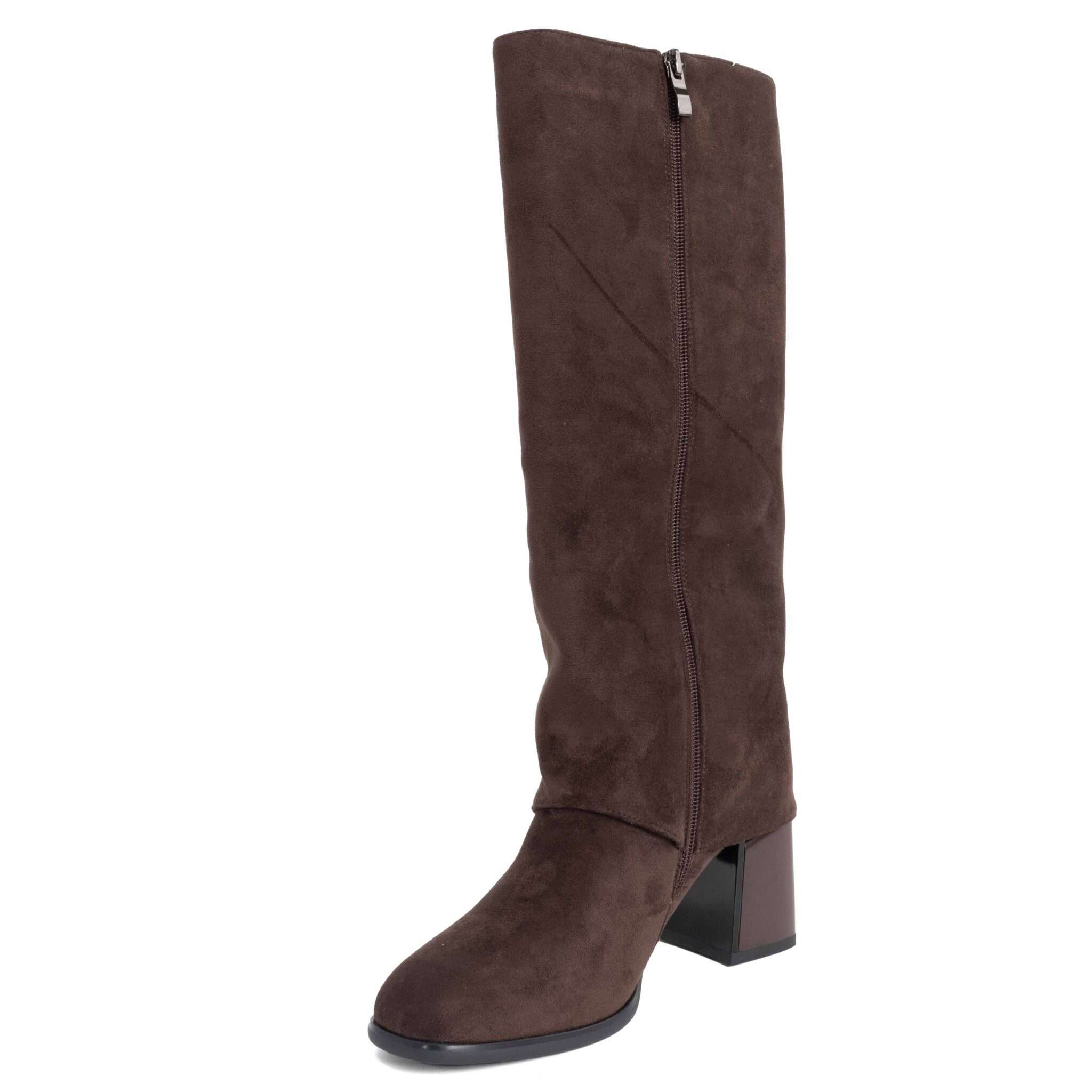 Classic heeled knee high boots for women with brown microfiber