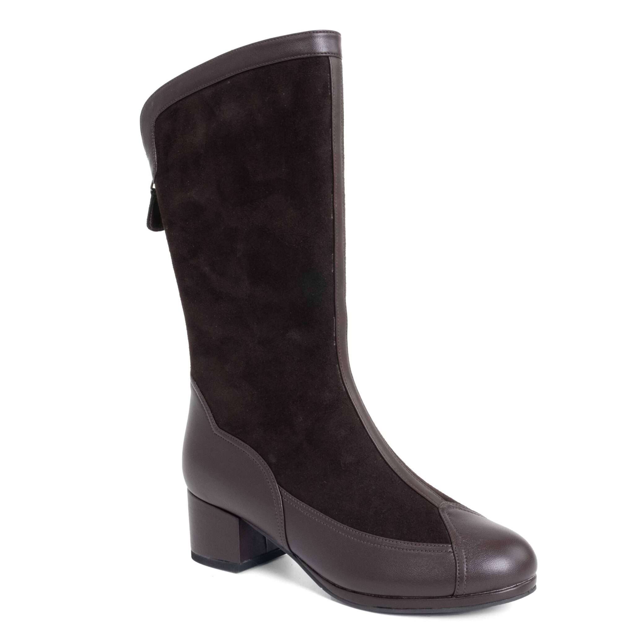 New heeled knee high boots for women with Black microfiber and dark purple microfiber leather
