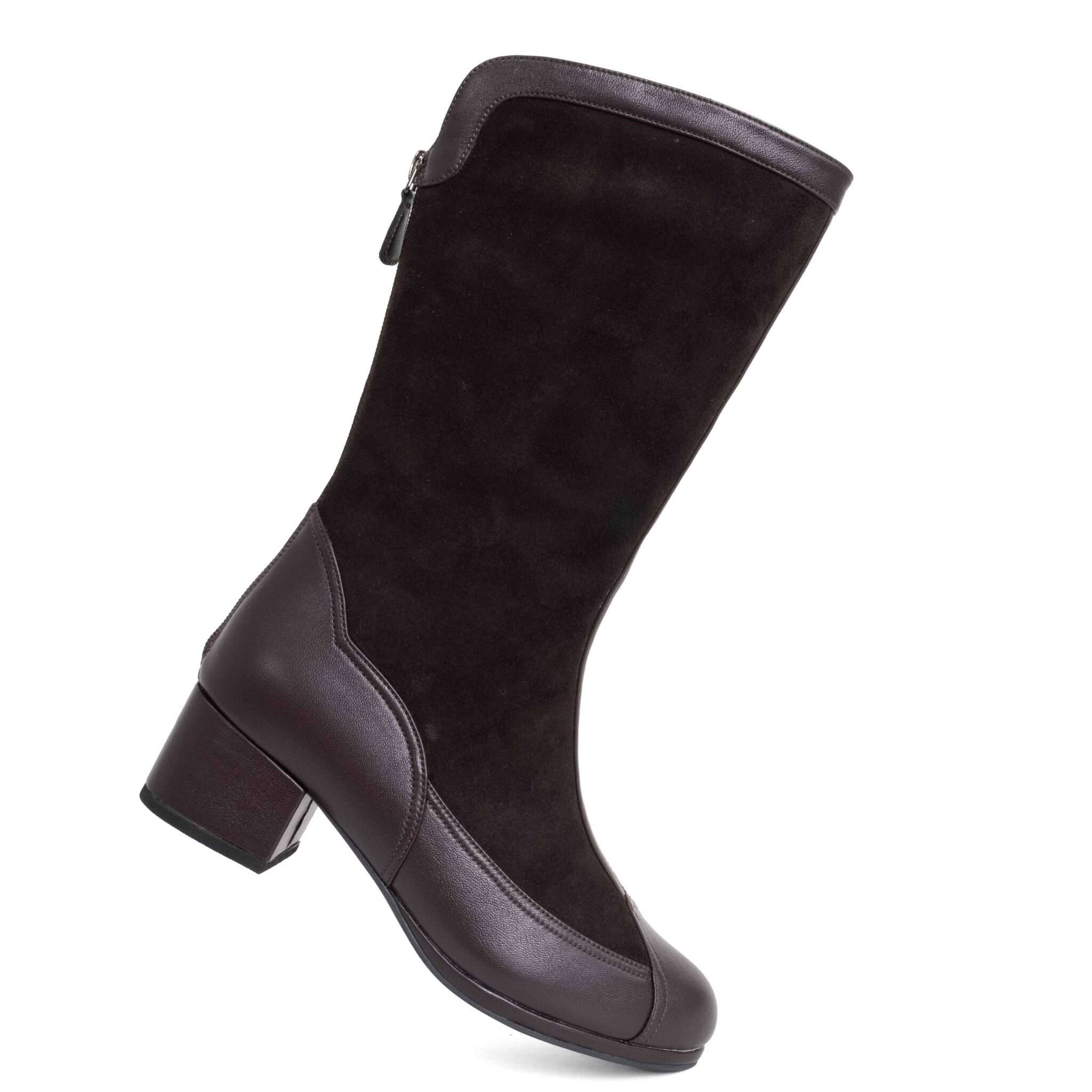 New heeled knee high boots for women with Black microfiber and dark purple microfiber leather