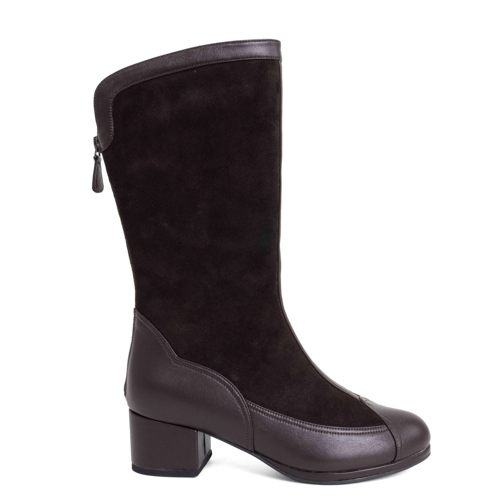 New heeled knee high boots for women with Black microfiber and dark purple microfiber leather