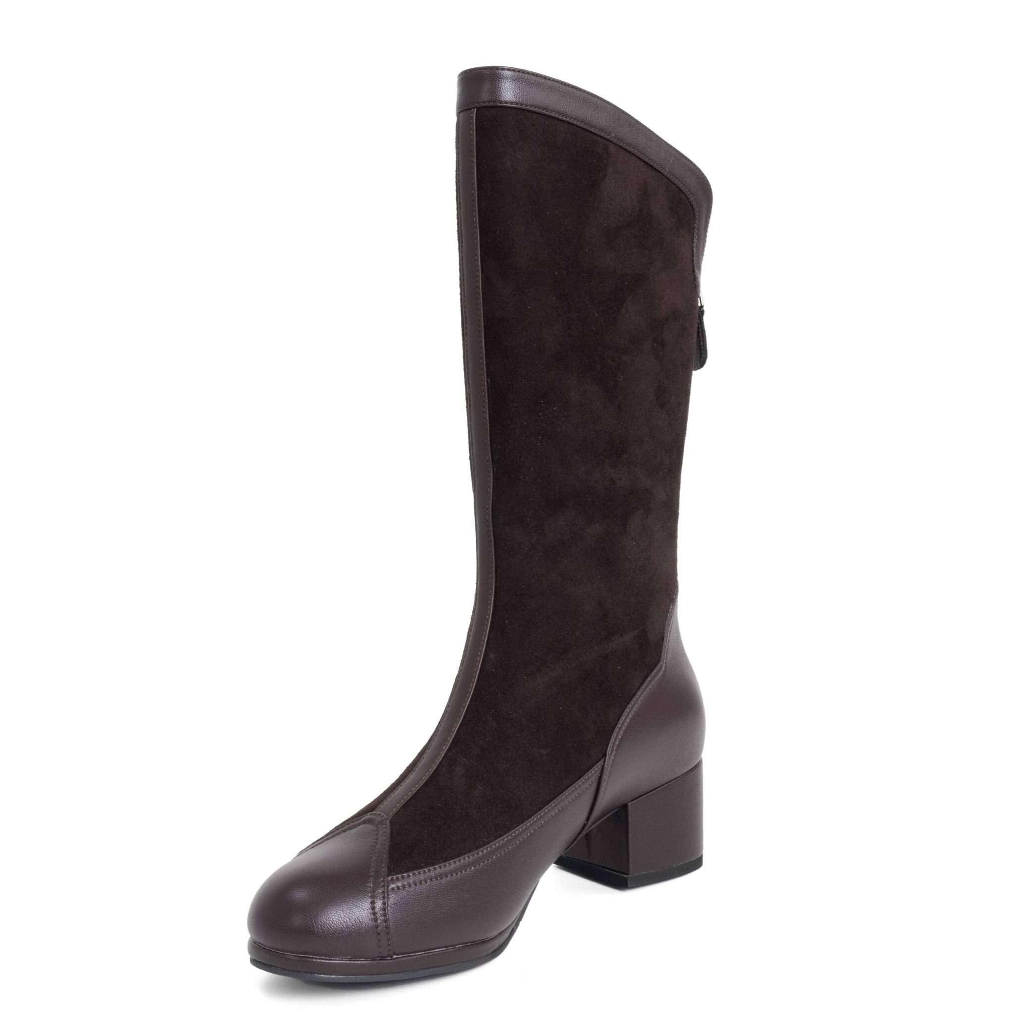 New heeled knee high boots for women with Black microfiber and dark purple microfiber leather