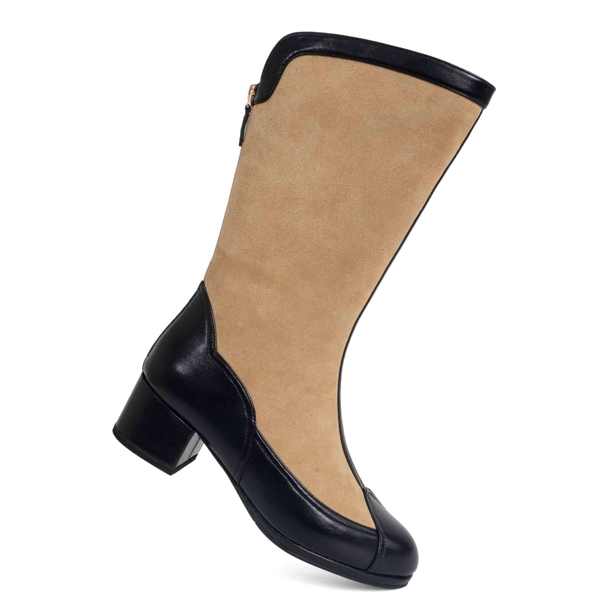 New heeled knee high boots for women with Khaki microfiber and black microfiber leather