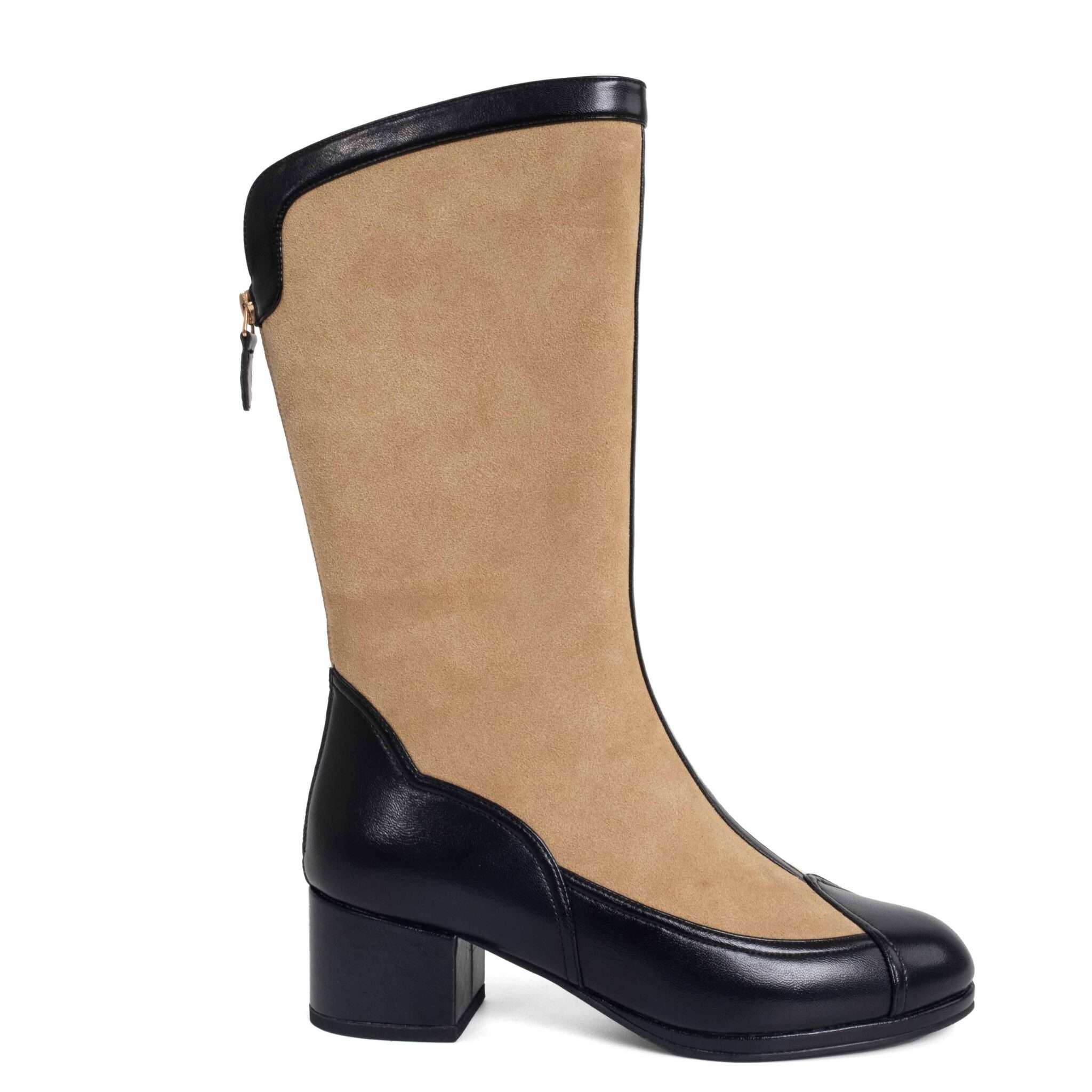 New heeled knee high boots for women with Khaki microfiber and black microfiber leather