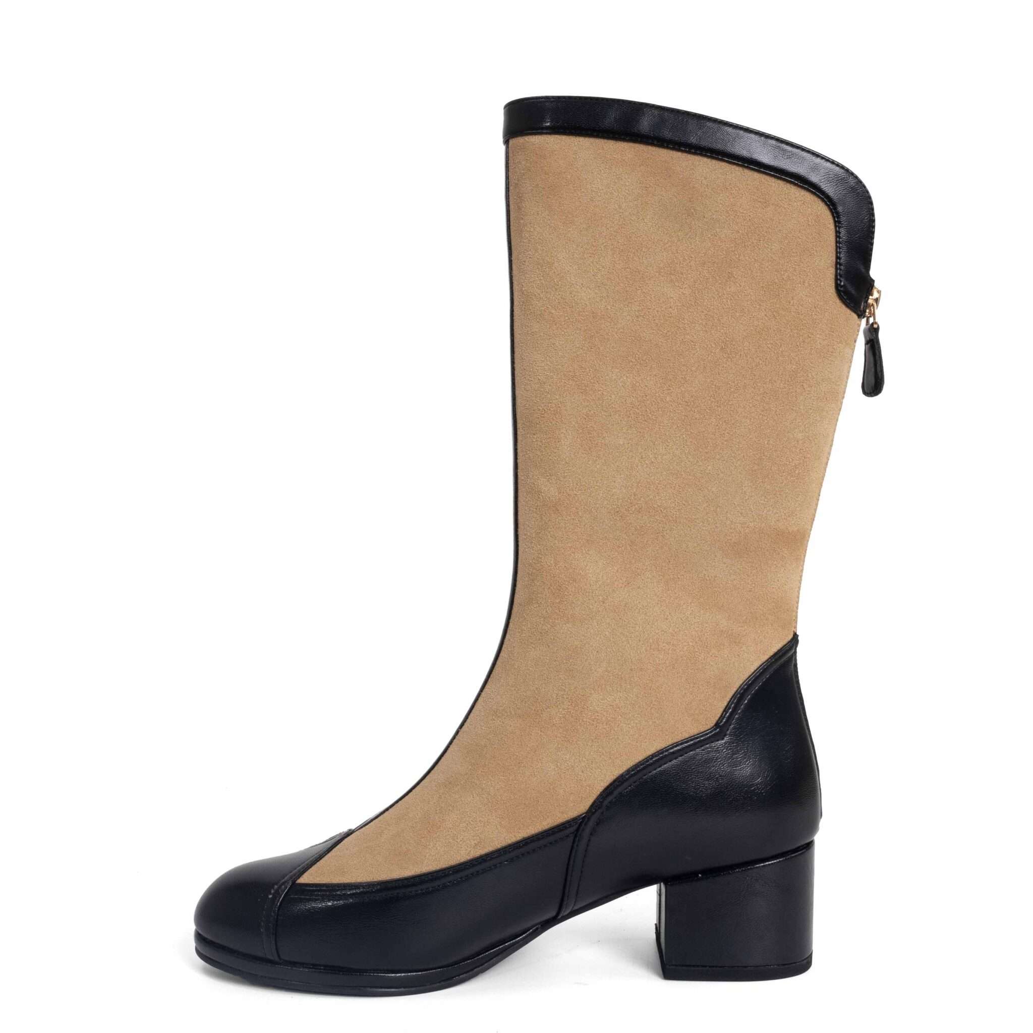 New heeled knee high boots for women with Khaki microfiber and black microfiber leather