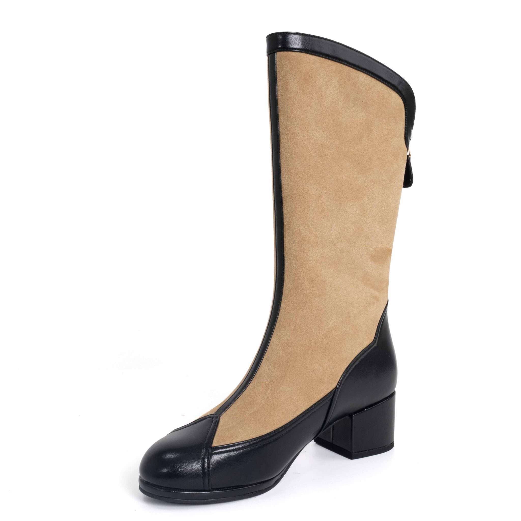 New heeled knee high boots for women with Khaki microfiber and black microfiber leather
