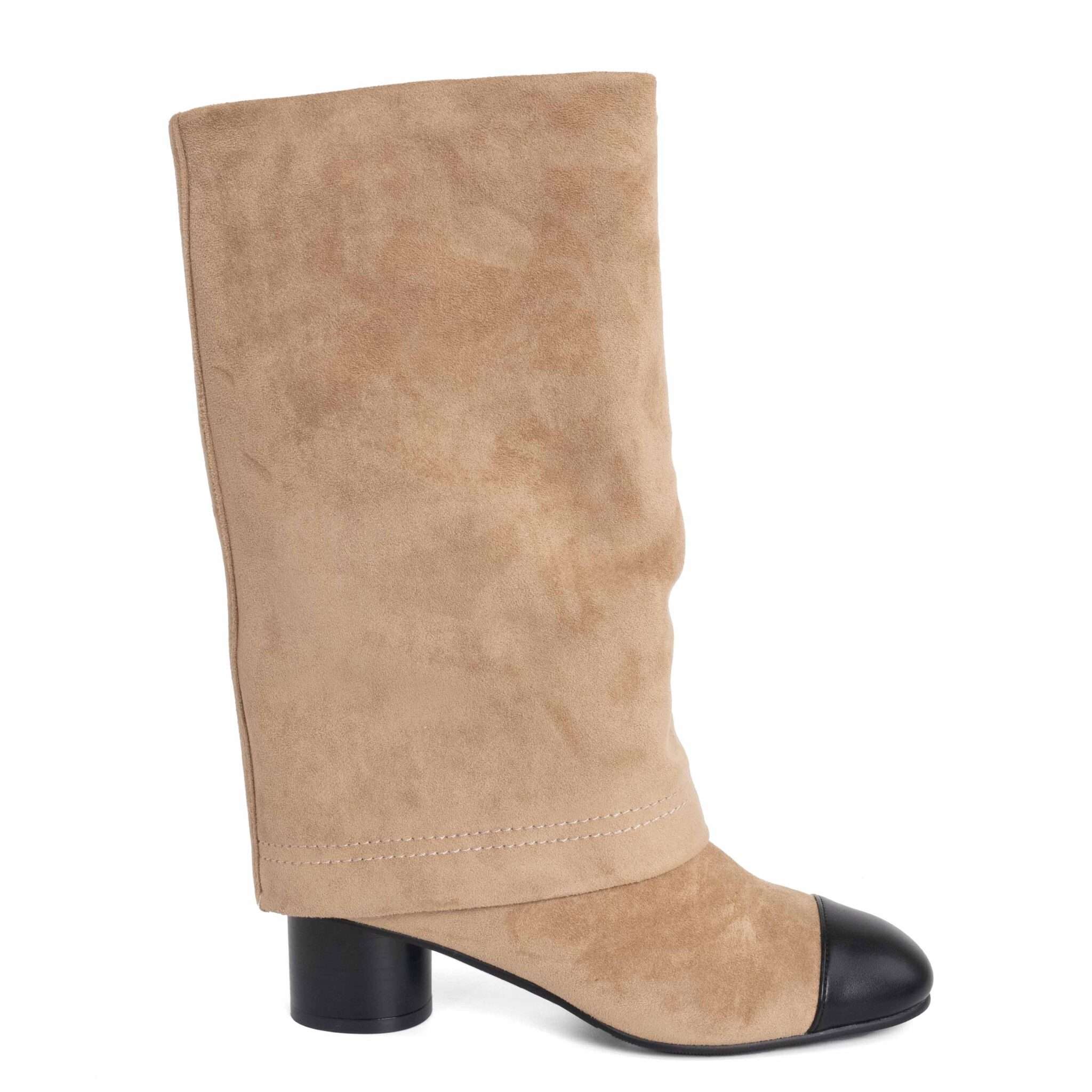 New heeled knee high boots for women with Khaki microfiber and black microfiber leather