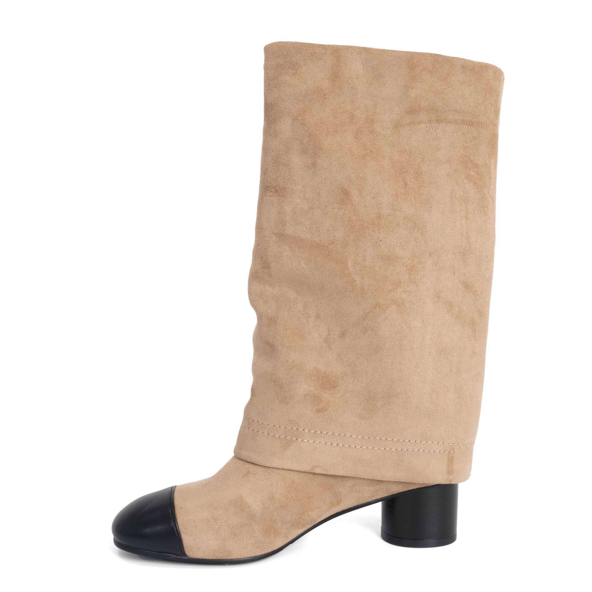 New heeled knee high boots for women with Khaki microfiber and black microfiber leather
